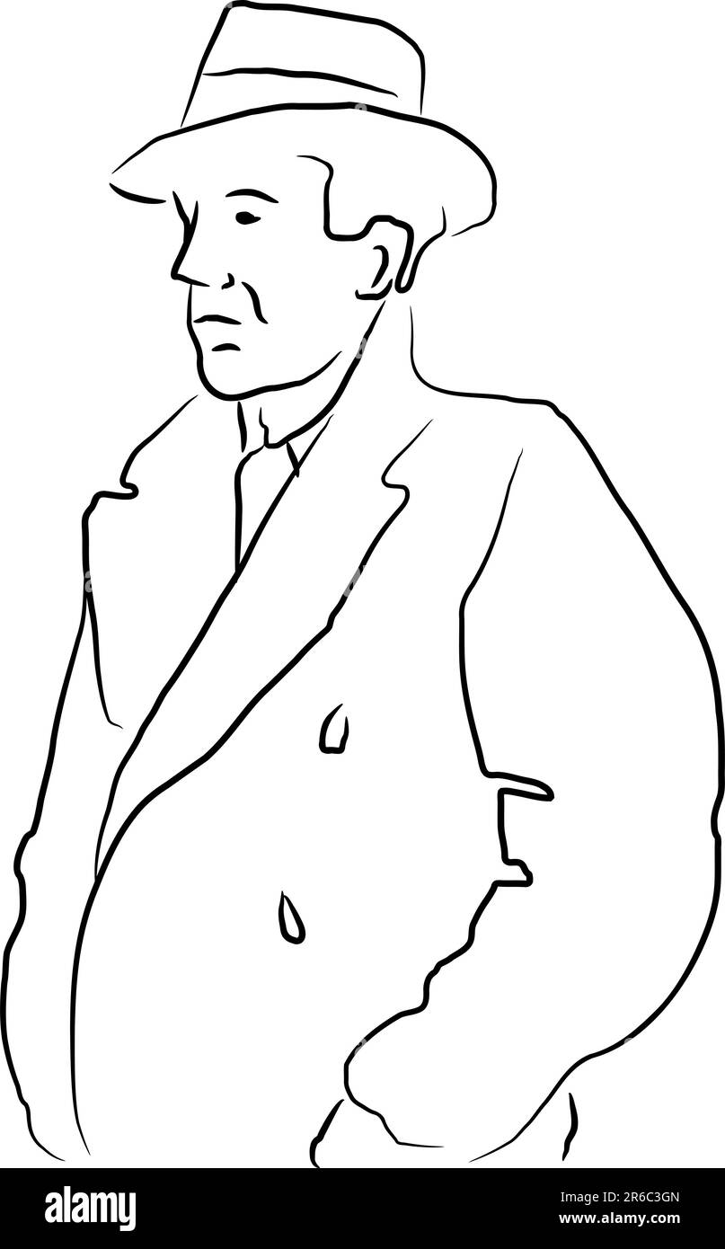 Illustrazione vettoriale di un uomo con un trench e un cappello nei contorni. Illustrazione Vettoriale