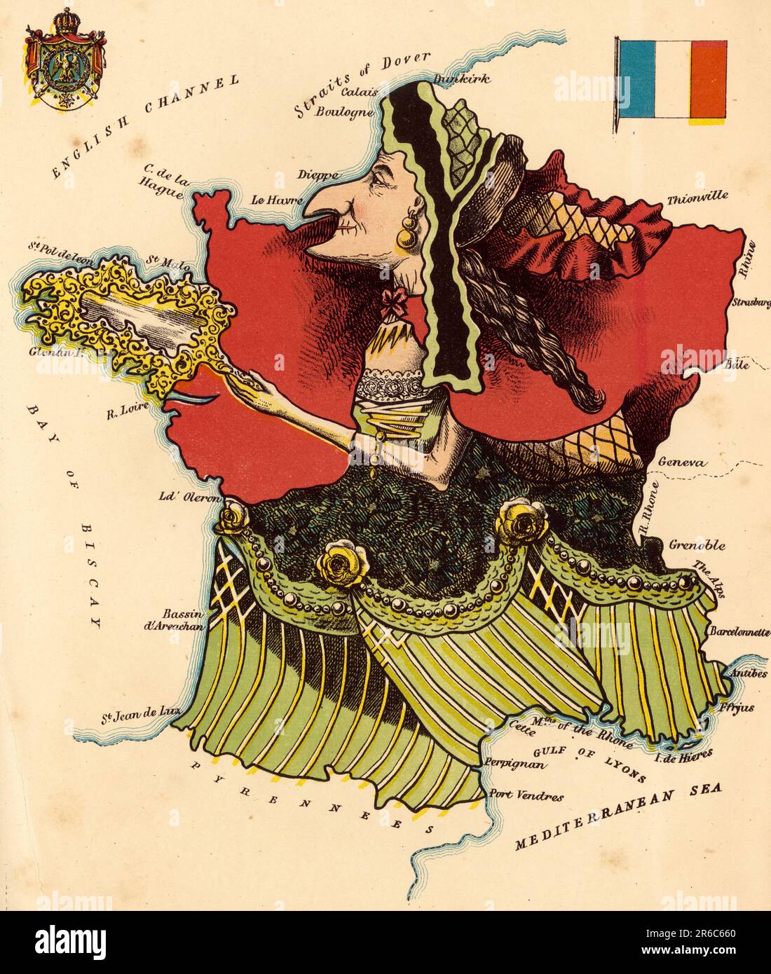 Mappa personificata, circa 1880, Francia, raffigurata con una donna dei Borboni, riproduzione storica, restaurata digitalmente da un originale del 19th ° secolo / Personiferte Landkarte, um 1880, Frankreich, dargestelt mit einer Frau der Bourbonen, Historisch, restaurierte digitale Reproduktion von einer Vorlage aus dem 19. Jahrhundert Foto Stock