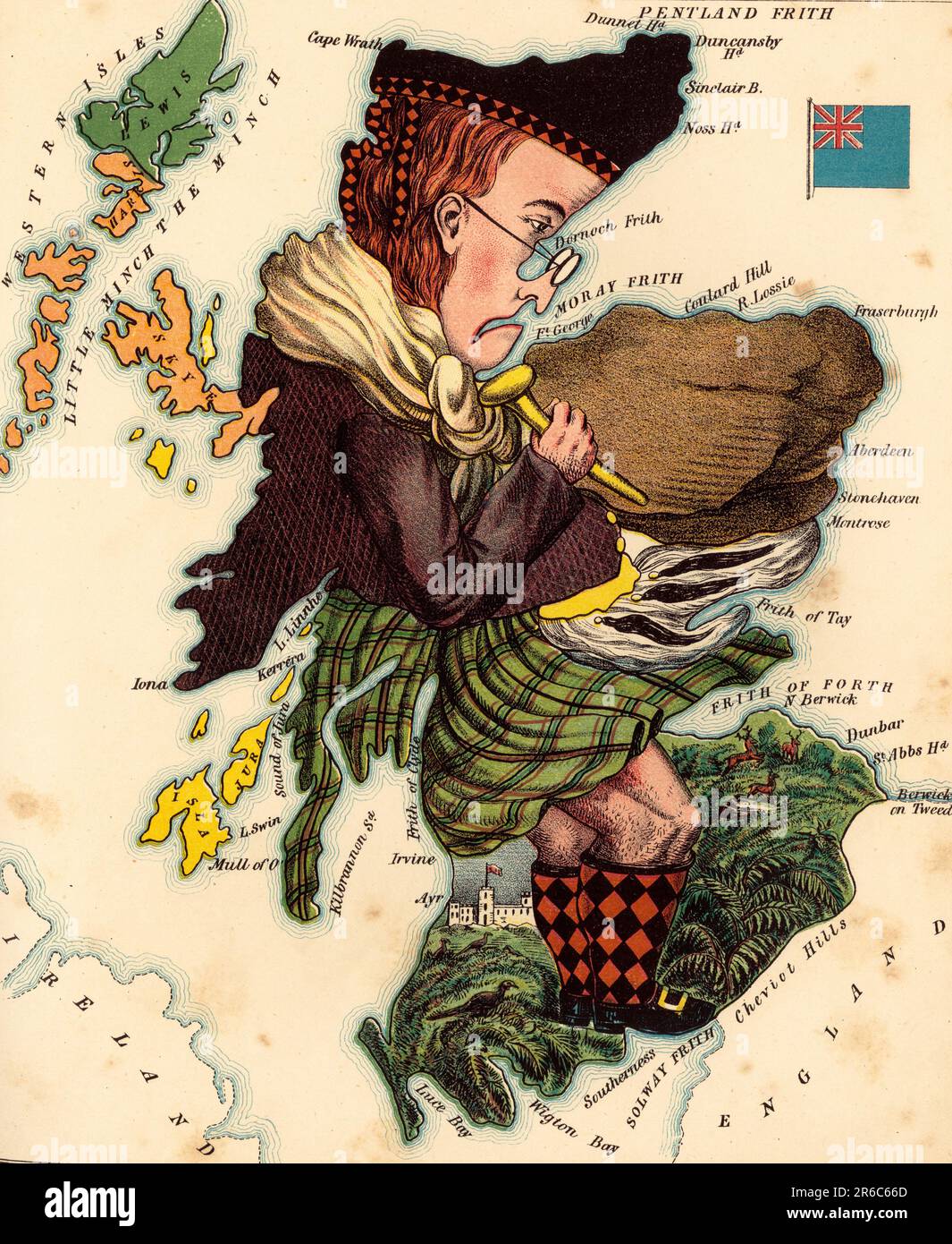 Mappa personificata, c. 1880, Scozia, raffigurata con un uomo che indossa un kilt, c. 1900, Scozia, riproduzione storica, restaurata digitalmente da una sagoma del 19th° secolo / Personiferte Landkarte, um 1880, Scozia, dargestellt mit einem Mann mit einem Kilt, um 1900, Schottland, Historisch, restaurierte Reprodukaus Vorem von 19. Jahrhundert Foto Stock