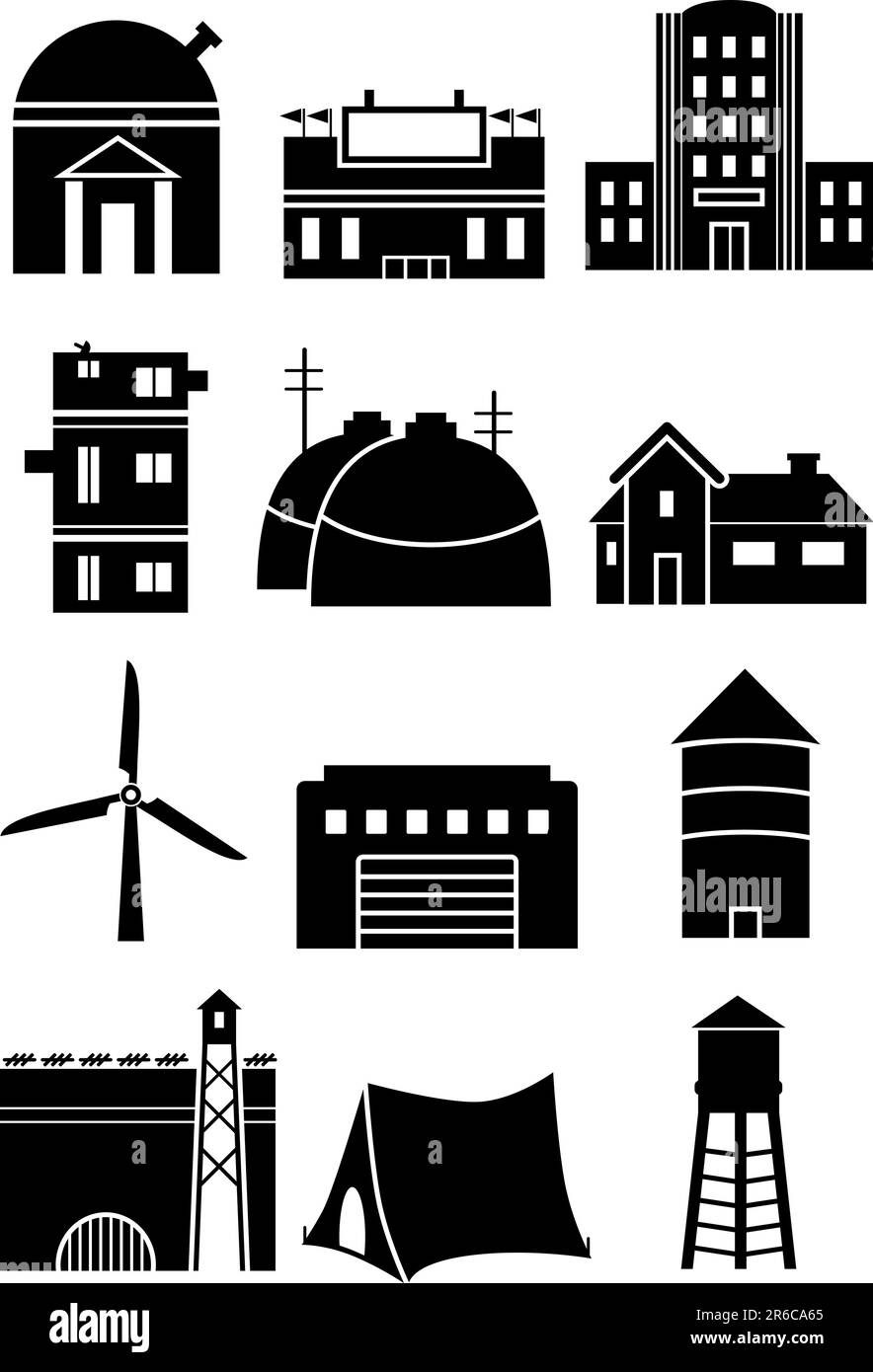 Set di 12 edifici disegnati in bianco e nero. Illustrazione Vettoriale