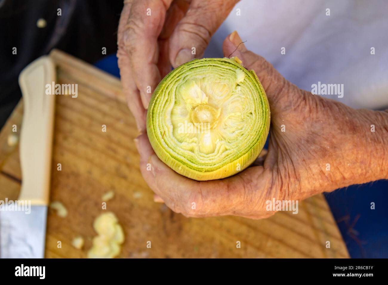 Goiania, Goias, Brasile – 02 giugno 2023: Le mani di una persona che tiene un orecchio di mais fresco, tagliato sulla punta. Foto Stock