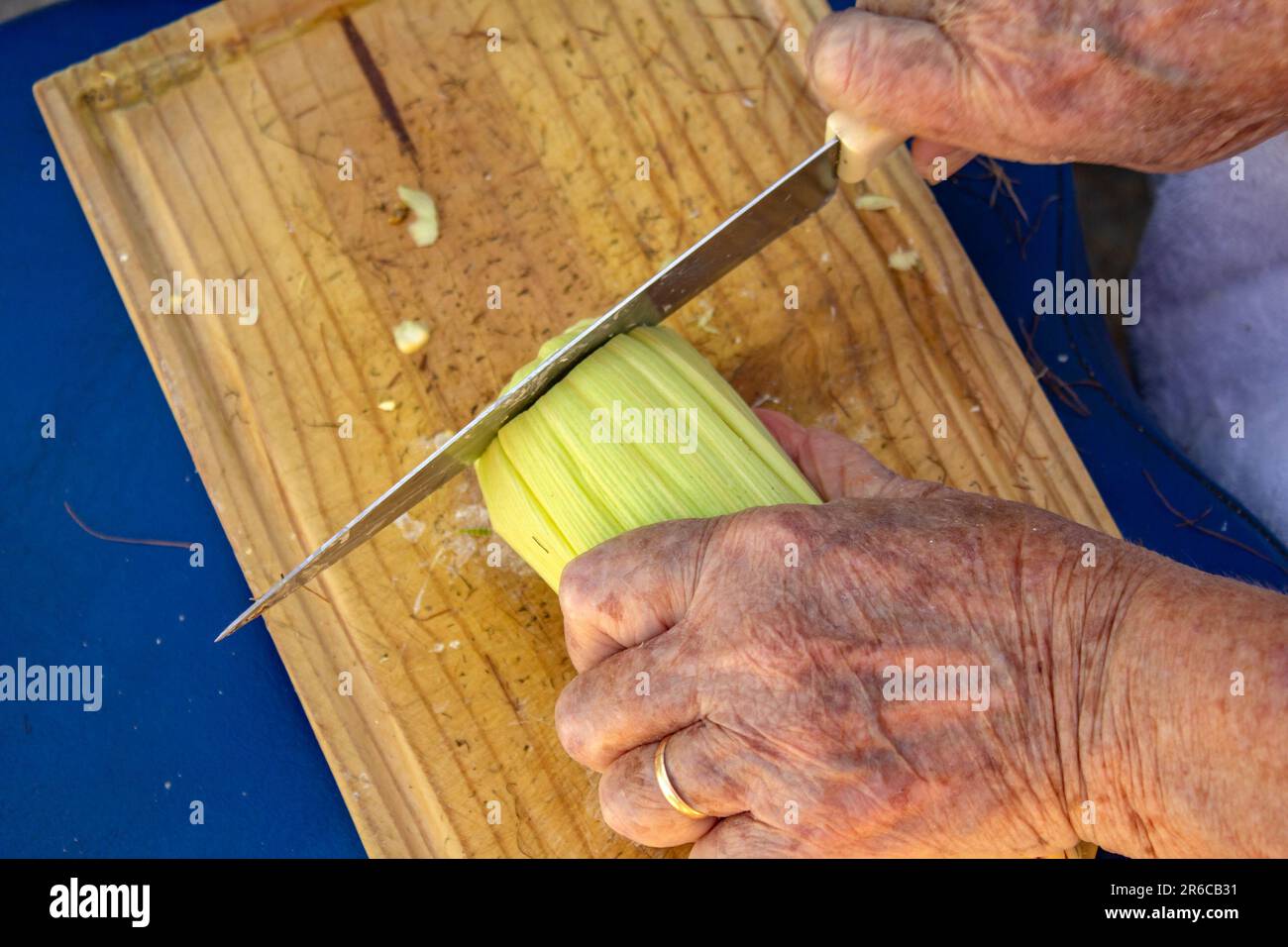 Goiania, Goias, Brasile – 02 giugno 2023: Mani di una signora che taglia la punta della pannocchia di mais ancora con la buccia verde. Foto Stock