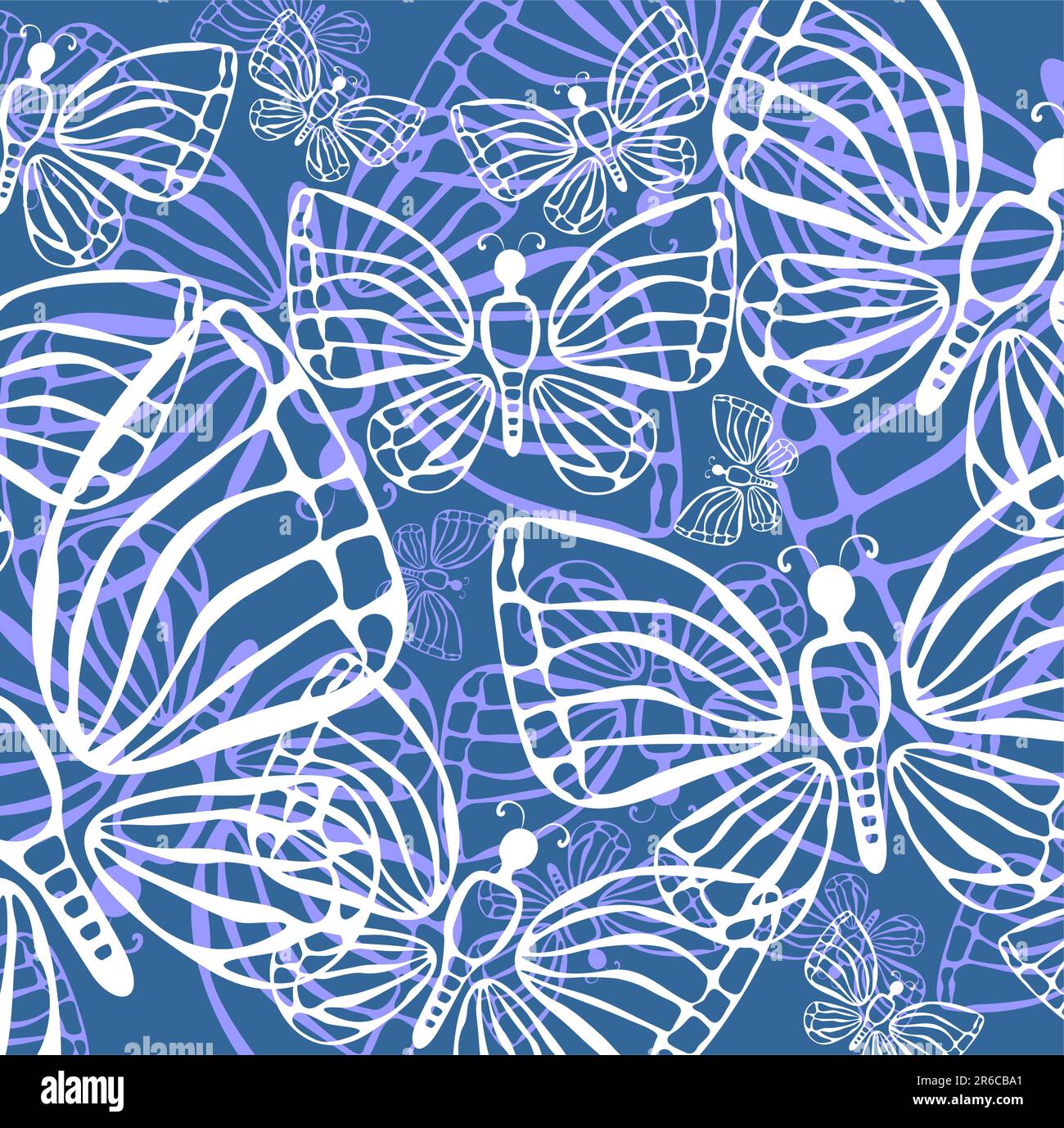 Motivo stilizzato con silhouette a farfalla su sfondo blu. Illustrazione Vettoriale