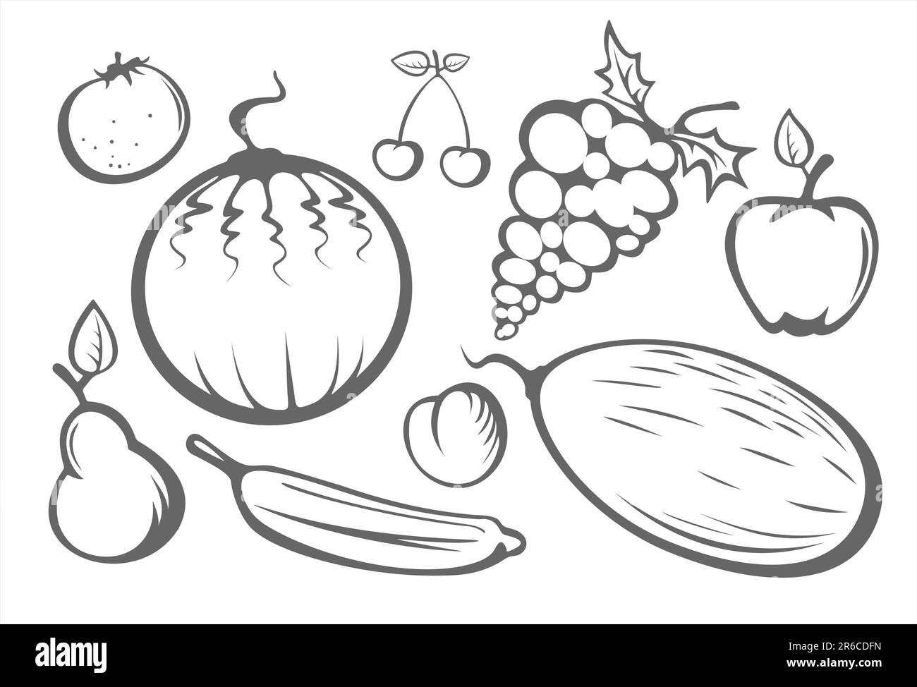 La mela stilizzata, la pesca, l'arancia, la pera, l'anguria, melone, prugna, ciliegia e uva stilizzati su sfondo bianco. Illustrazione Vettoriale La mela stilizzata, la pesca, l'arancia, la pera, l'anguria, melone, prugna, ciliegia e uva stilizzati su sfondo bianco. Illustrazione Vettoriale