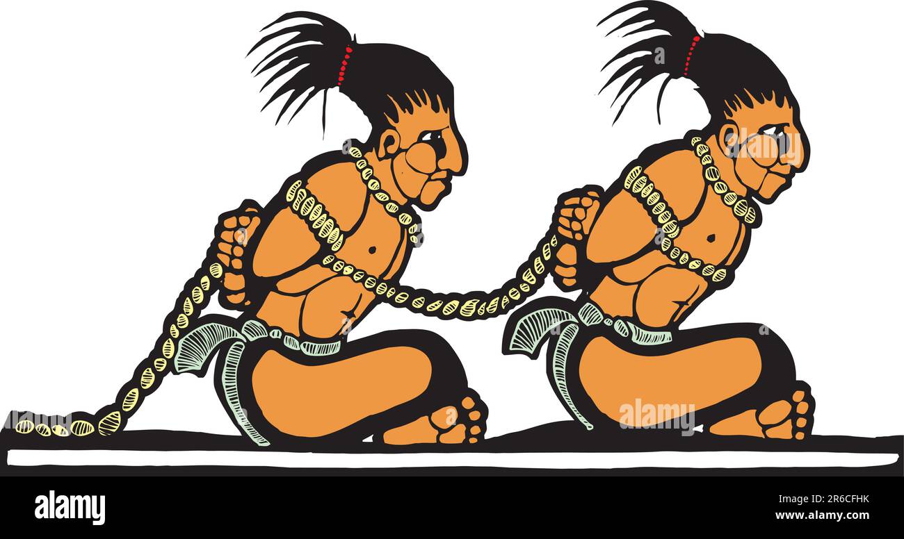 I prigionieri maya disegnati seguendo le immagini della ceramica mesoamericana e del Tempio. Illustrazione Vettoriale