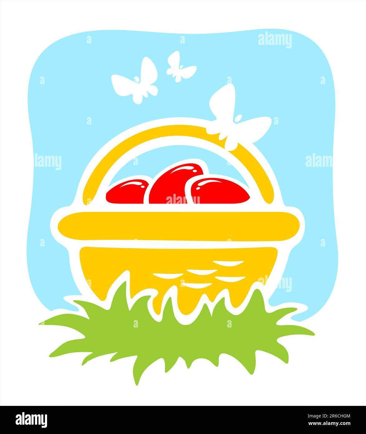 Cestino decorato con uova di pasqua e farfalle su sfondo blu. Illustrazione Vettoriale