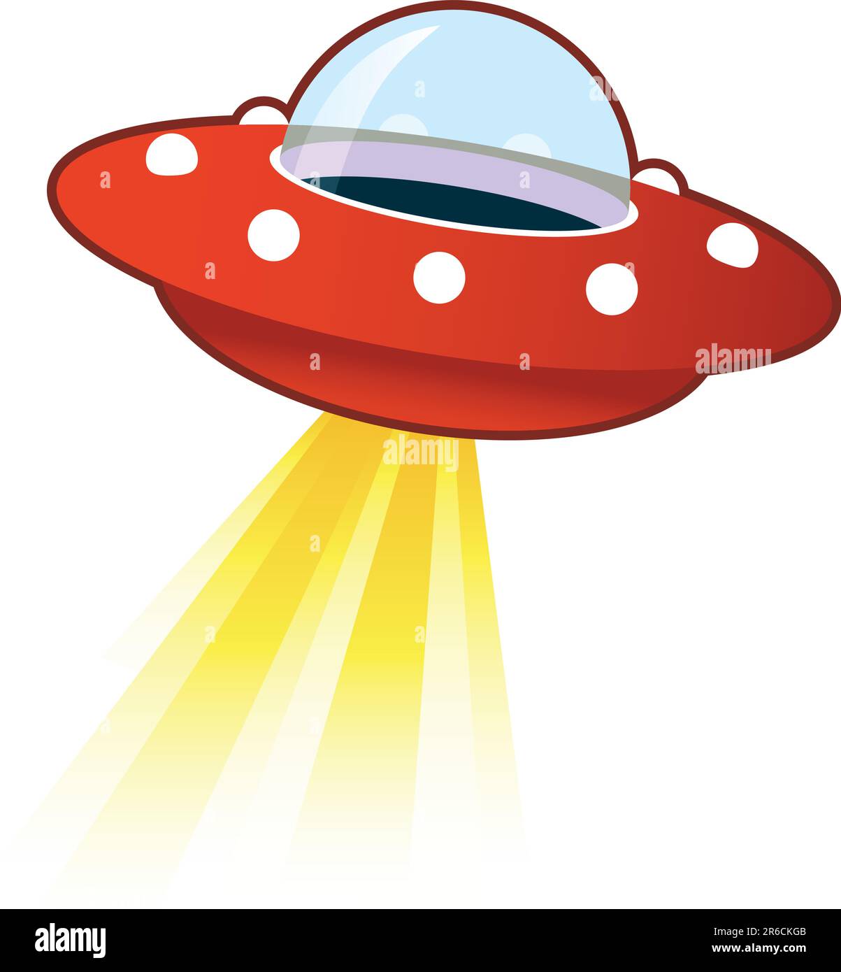 Disco volante rétro UFO con fascio di luce. Adatto per l'uso su Web, a stampa e su materiali promozionali. Illustrazione Vettoriale