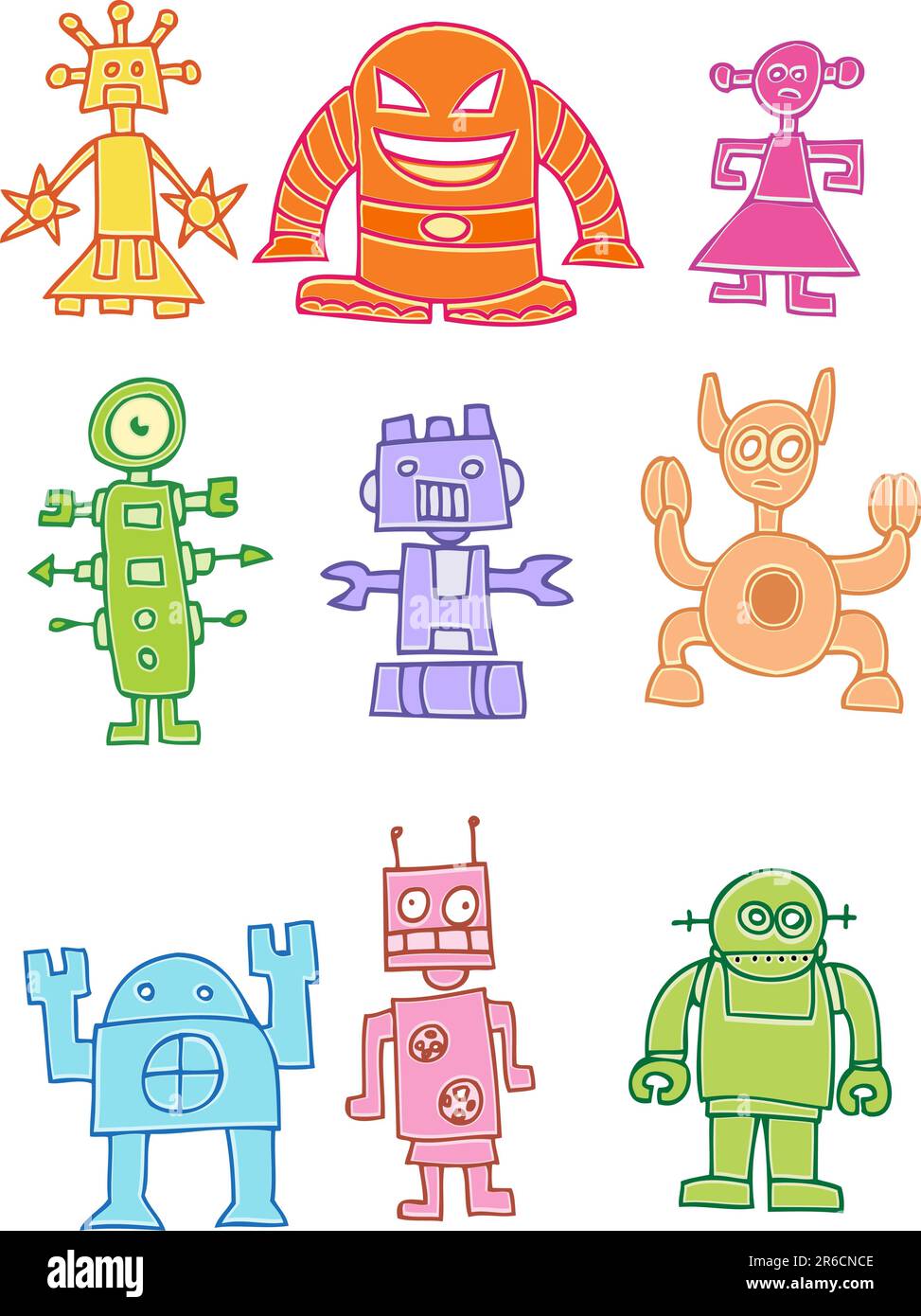 Set di nove robot in stile cartoni animati. Illustrazione Vettoriale