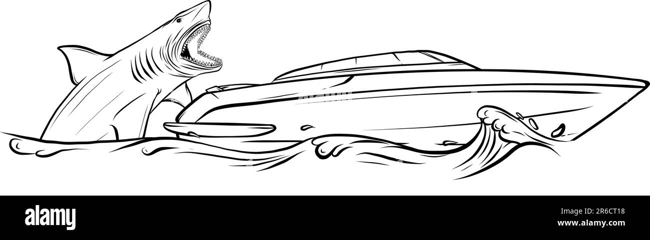 Squalo affamato con grande nave yacht attacco mascella dall'acqua. Illustrazione Vettoriale