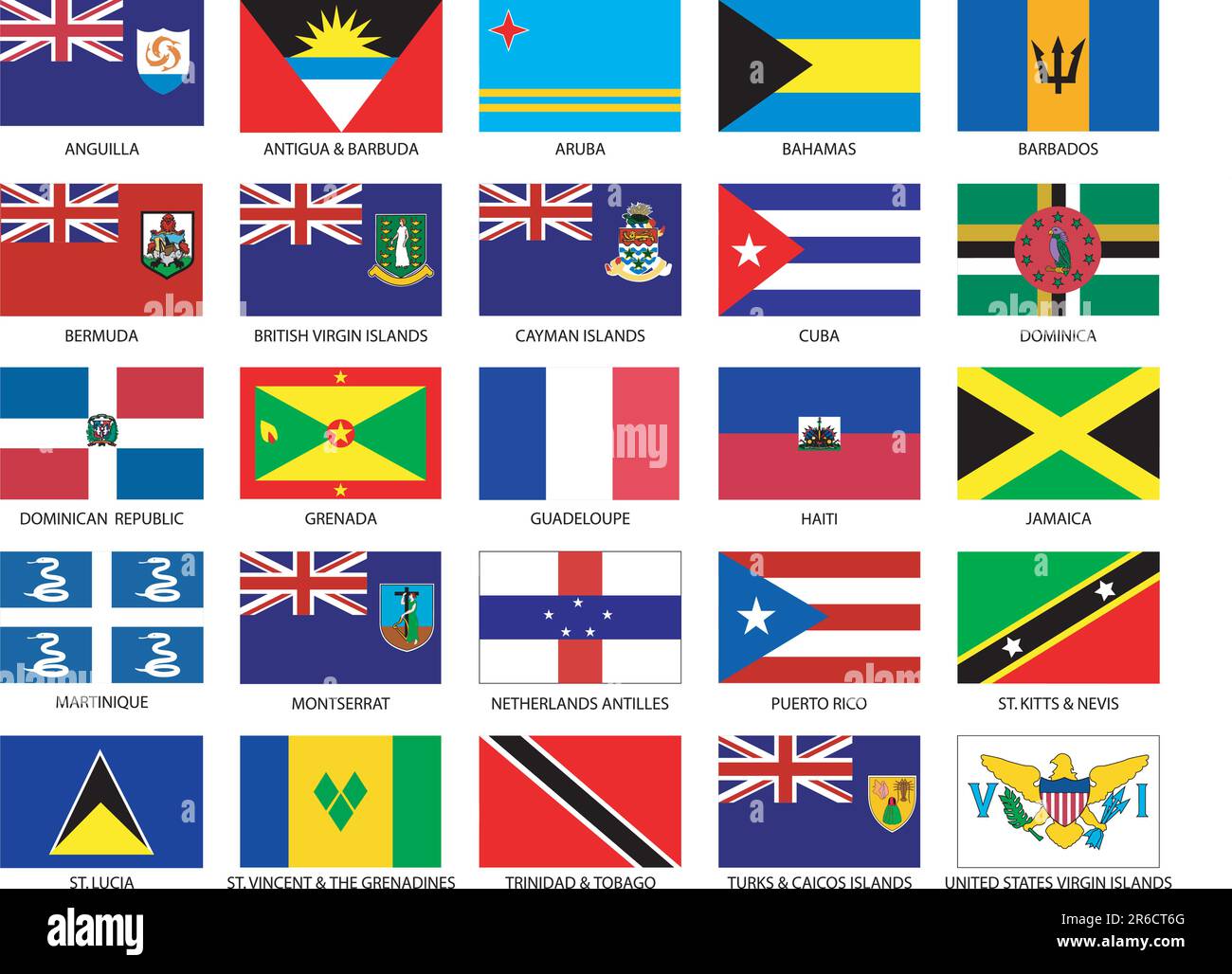 25 Bandiere dei Caraibi. Set completo di tutti i paesi caraibici. Illustrazione Vettoriale