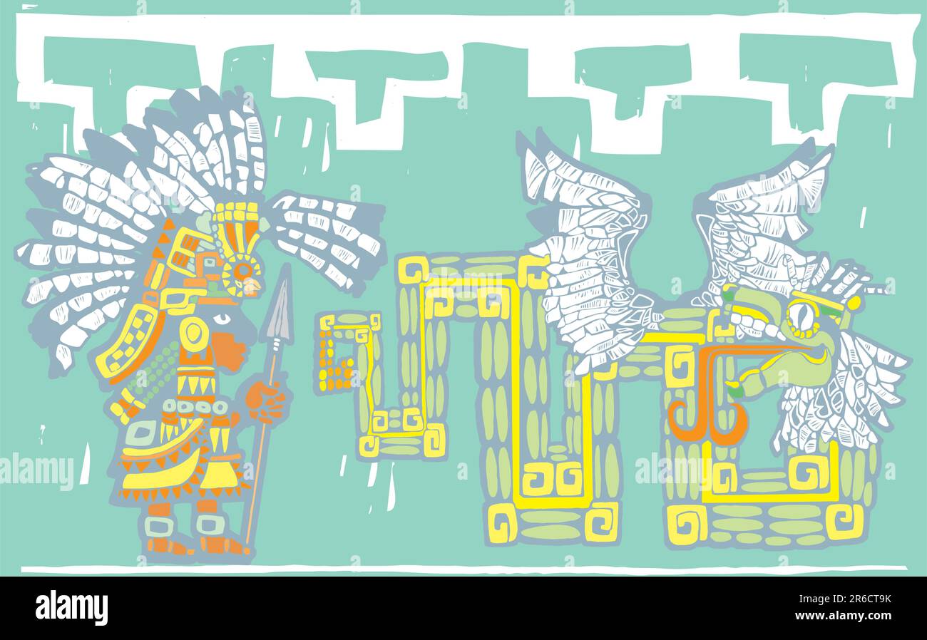 Teotihuacan guerriero in tempio stile murale con Kukulcan. Illustrazione Vettoriale