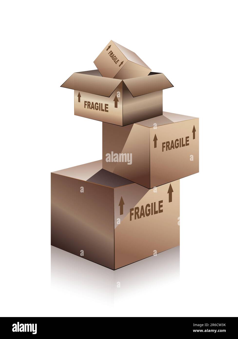 Scatole di spedizione 3D con testo Reflection, Shadow e "fragile" sul lato Illustrazione Vettoriale
