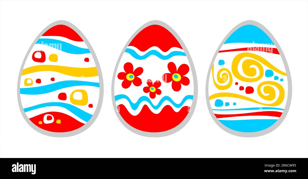 Tre uova di pasqua ornate isolate su uno sfondo bianco. Illustrazione Vettoriale
