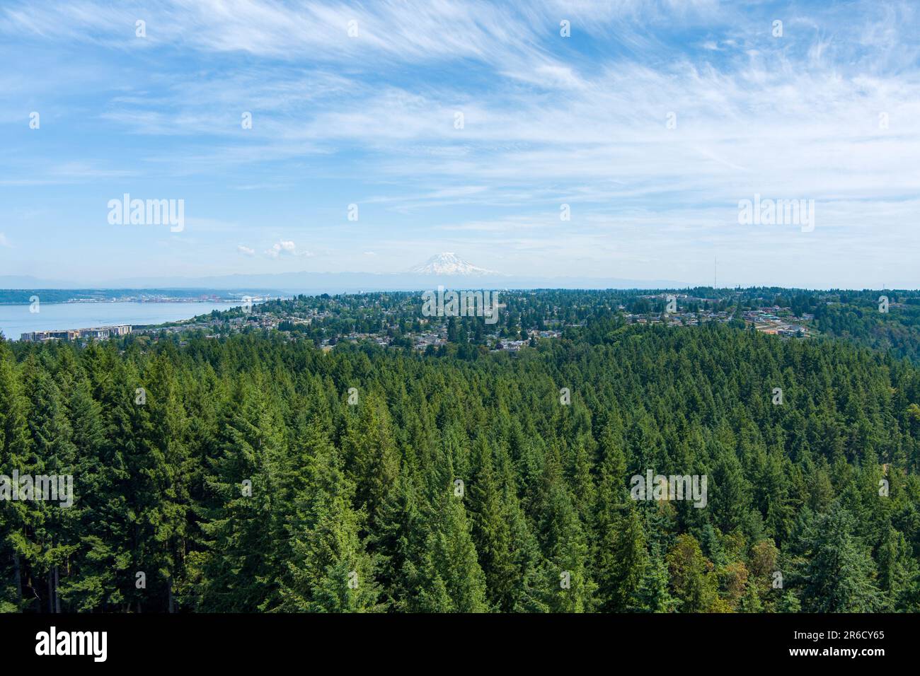 Vista aerea di Point Defiance e Mount Rainier dall'alto di Tacoma, Washington Foto Stock