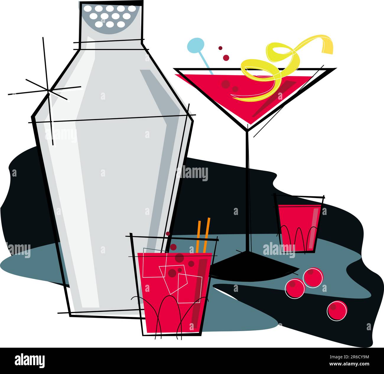 Illustrazione di un cocktail dallo stile retrò: Cosmopolita con un tocco di limone Illustrazione Vettoriale