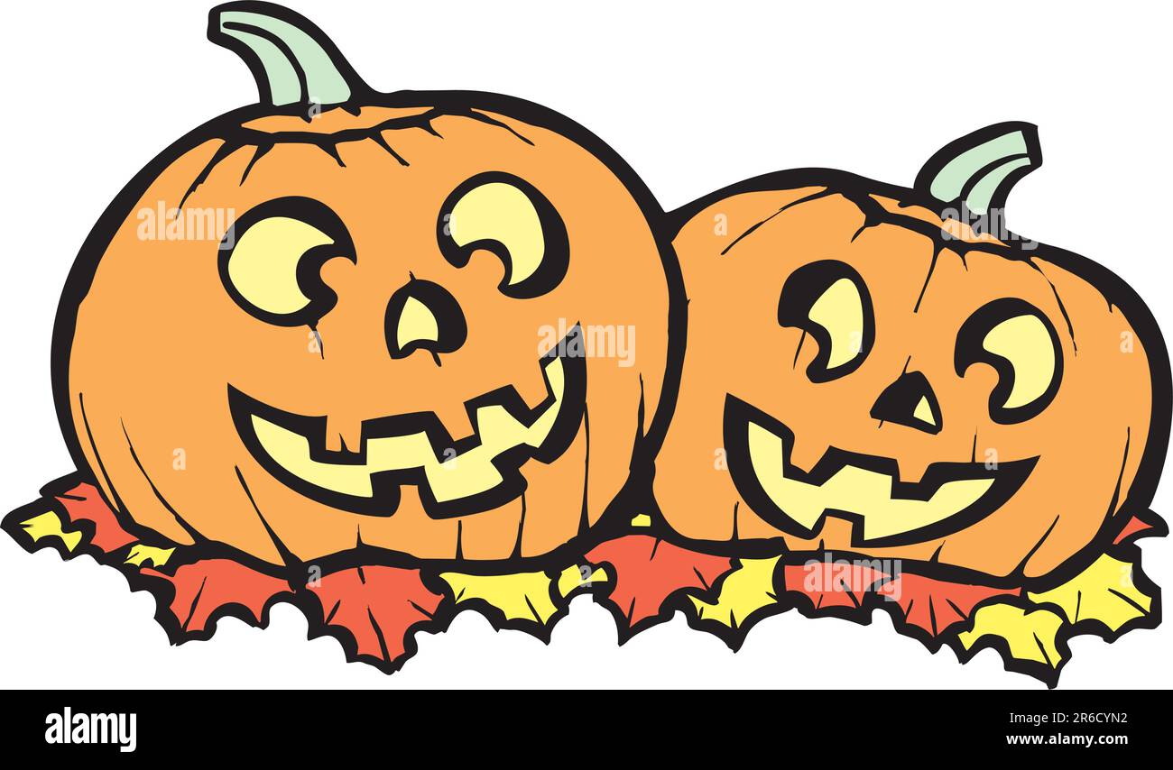 Due jack arancione-o-lanterne accese per la notte di Halloween. Illustrazione Vettoriale