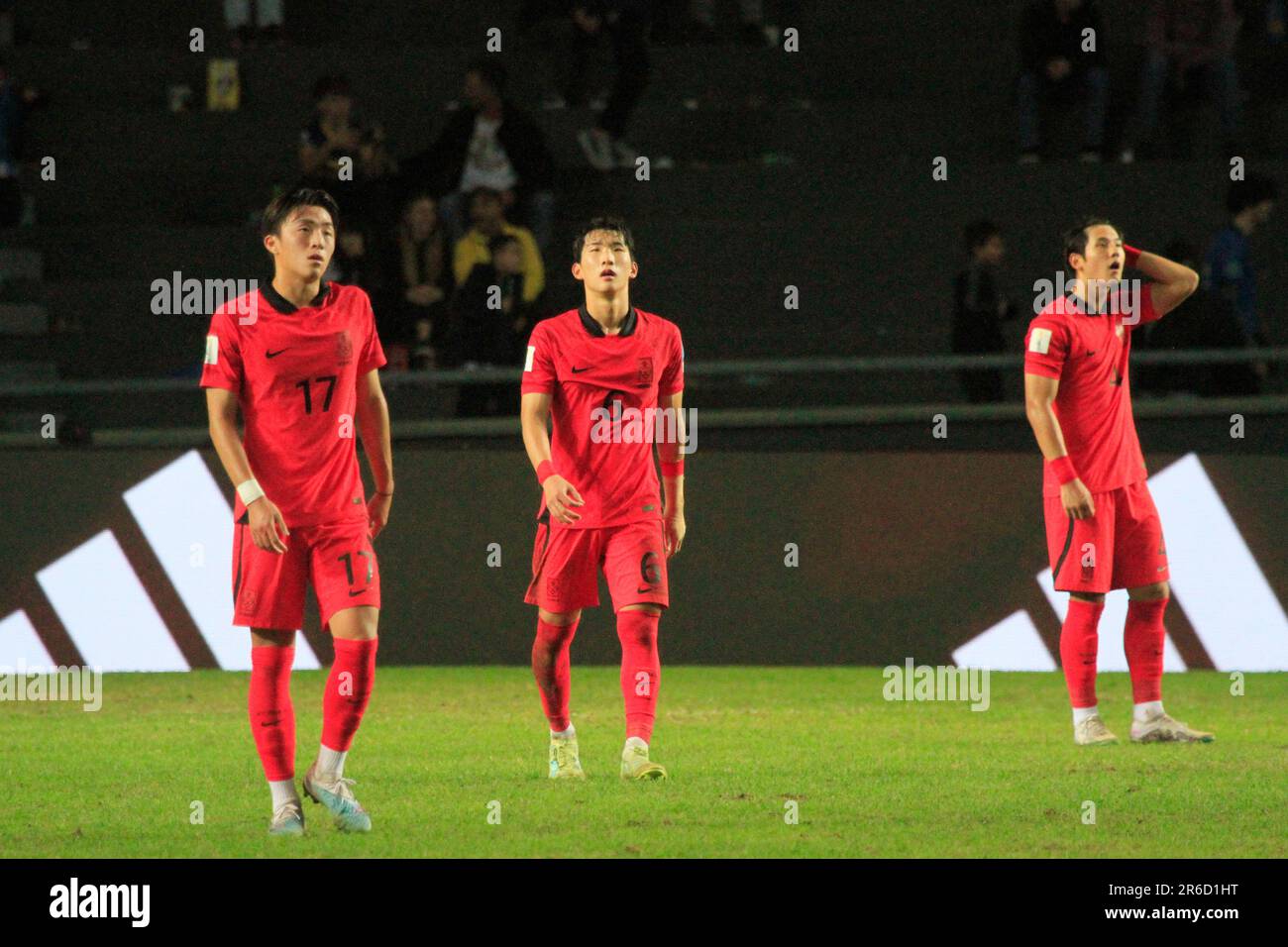 La Plata, Argentina. 08th giugno, 2023. Lee Ji-han, Hyun-Bin Park della Corea del Sud, ha segnato il gol di Cesare Casadei in occasione della partita tra Italia e Corea del Sud per la semifinale FIFA U-20 World Cup Argentina 2023, allo stadio Ciudad de la Plata, a la Plata, Argentina, il 08 giugno. Foto: Pool Pelaez Burga/DiaEsportivo/DiaEsportivo/Alamy Live News Credit: DiaEsportivo/Alamy Live News Foto Stock