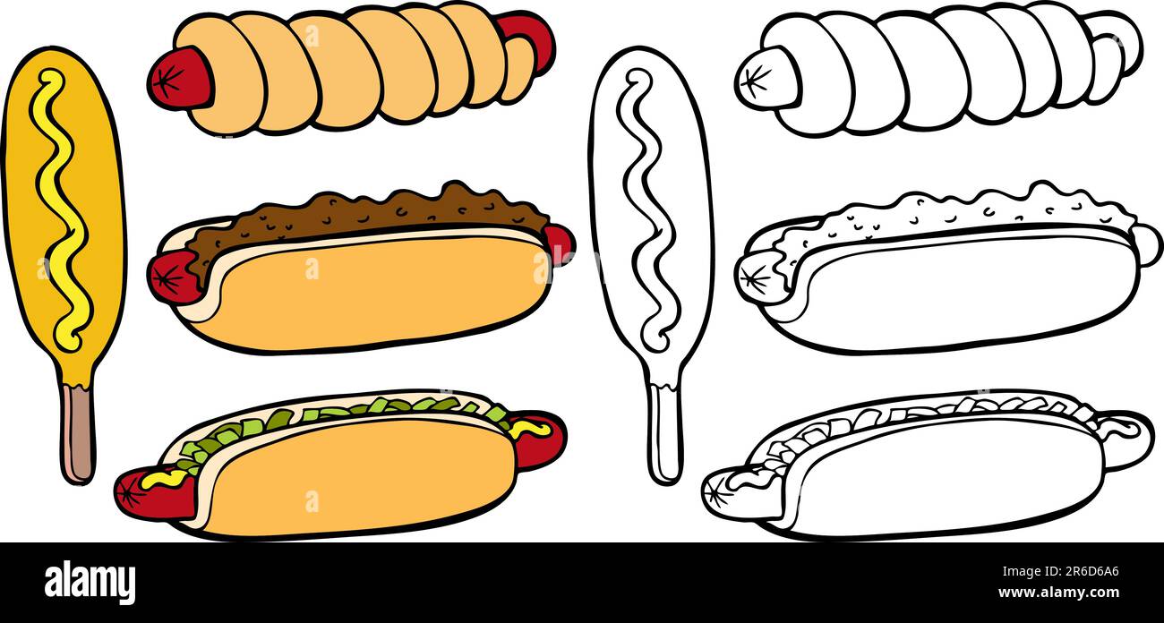 Cartoon immagine di una varietà di tipi differenti di hot dogs - sia a colori sia in bianco e nero / bianco versioni. Illustrazione Vettoriale