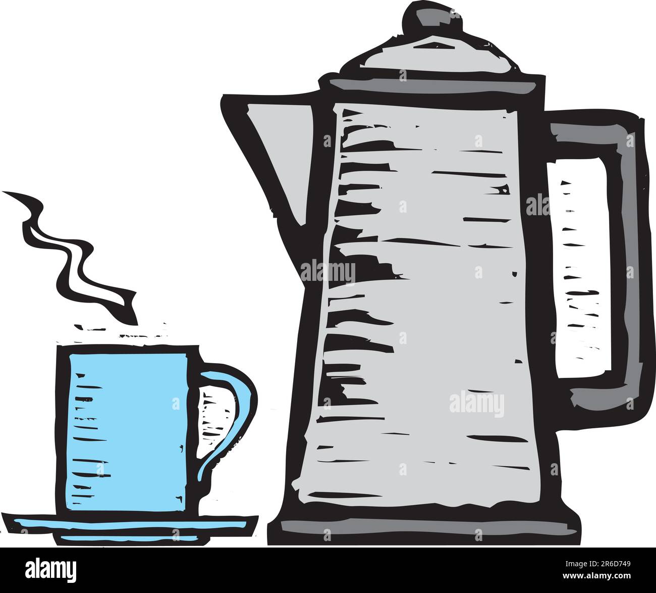 Silografia ruvida stile di stile occidentale POT del caffè e la tazza. Illustrazione Vettoriale