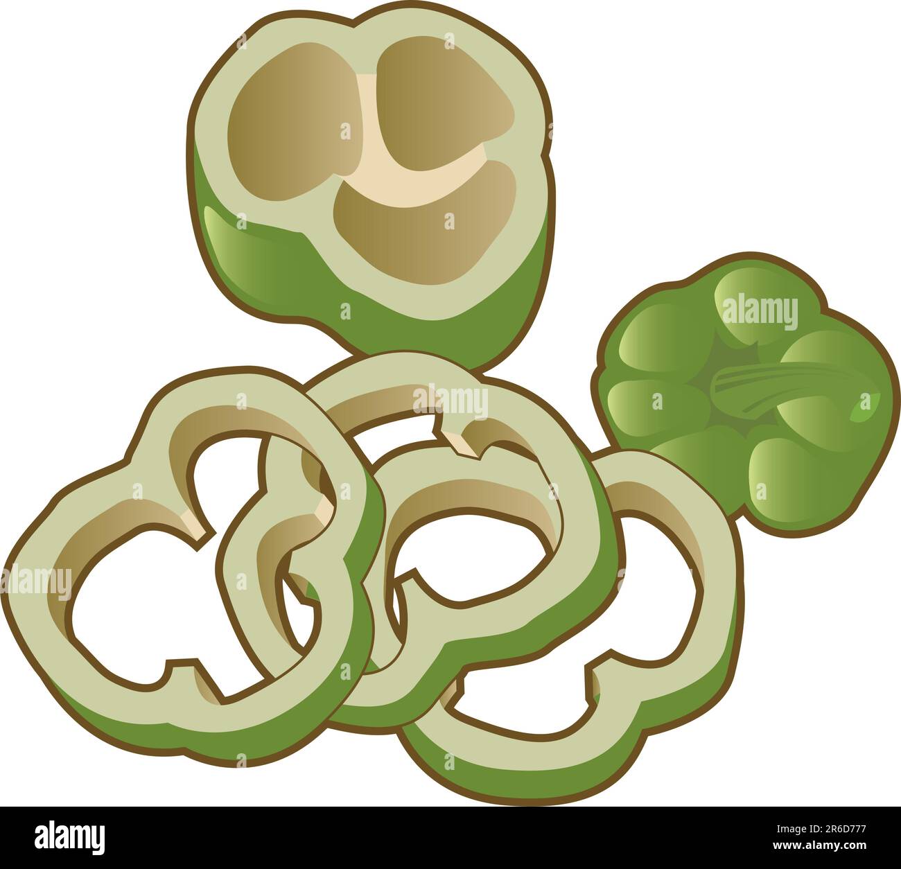 Illustrazione vettoriale di un peperone verde dolce. Il file include la vista dall'alto, la vista interna e le fette del pepe. Illustrazione Vettoriale