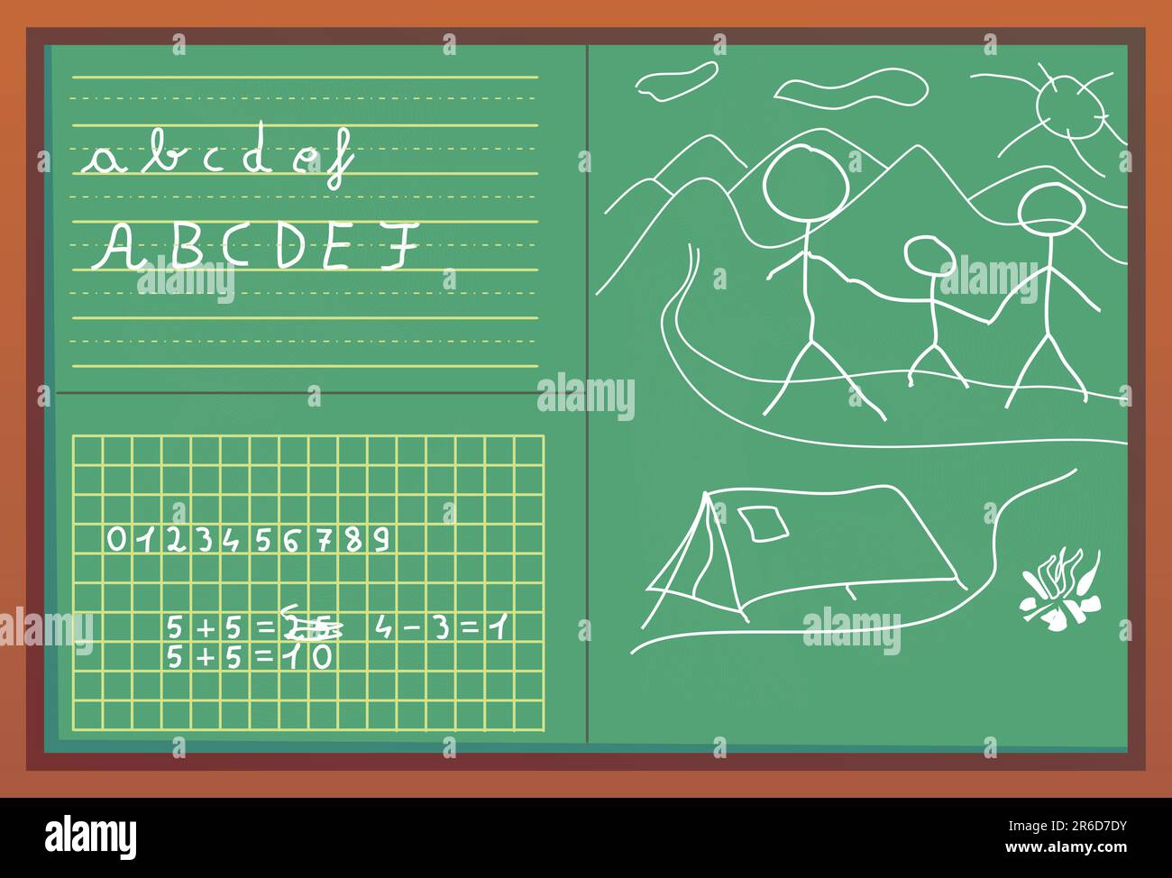 Numeri, disegni per bambini e lettere scritte con gesso bianco su lavagna verde con cornice marrone. Illustrazione Vettoriale