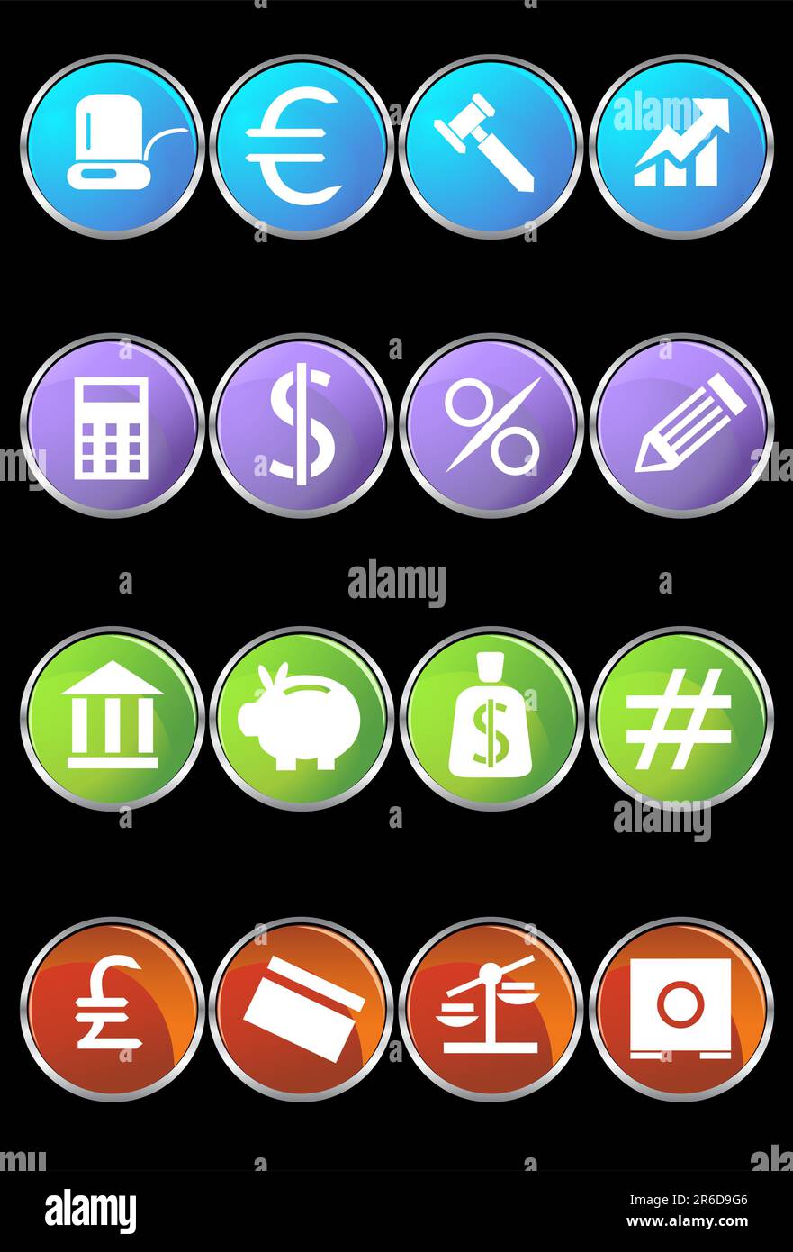 Collezione di sedici pulsanti a tema bancario con sfondo nero. Illustrazione Vettoriale