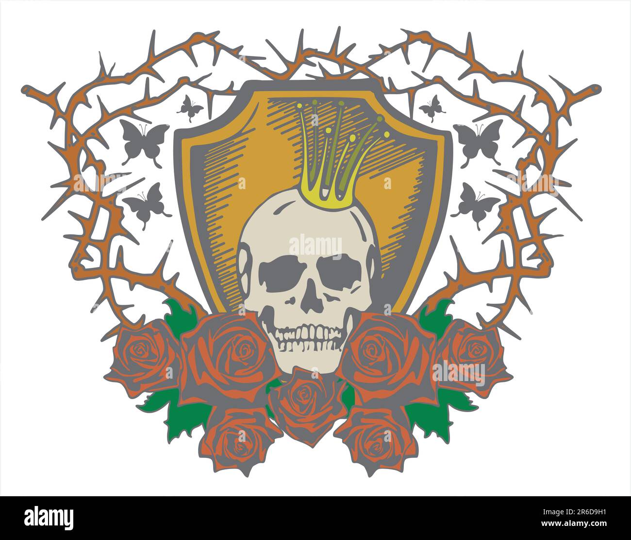 Cranio con corona e rose rosse sullo sfondo cupo Illustrazione Vettoriale