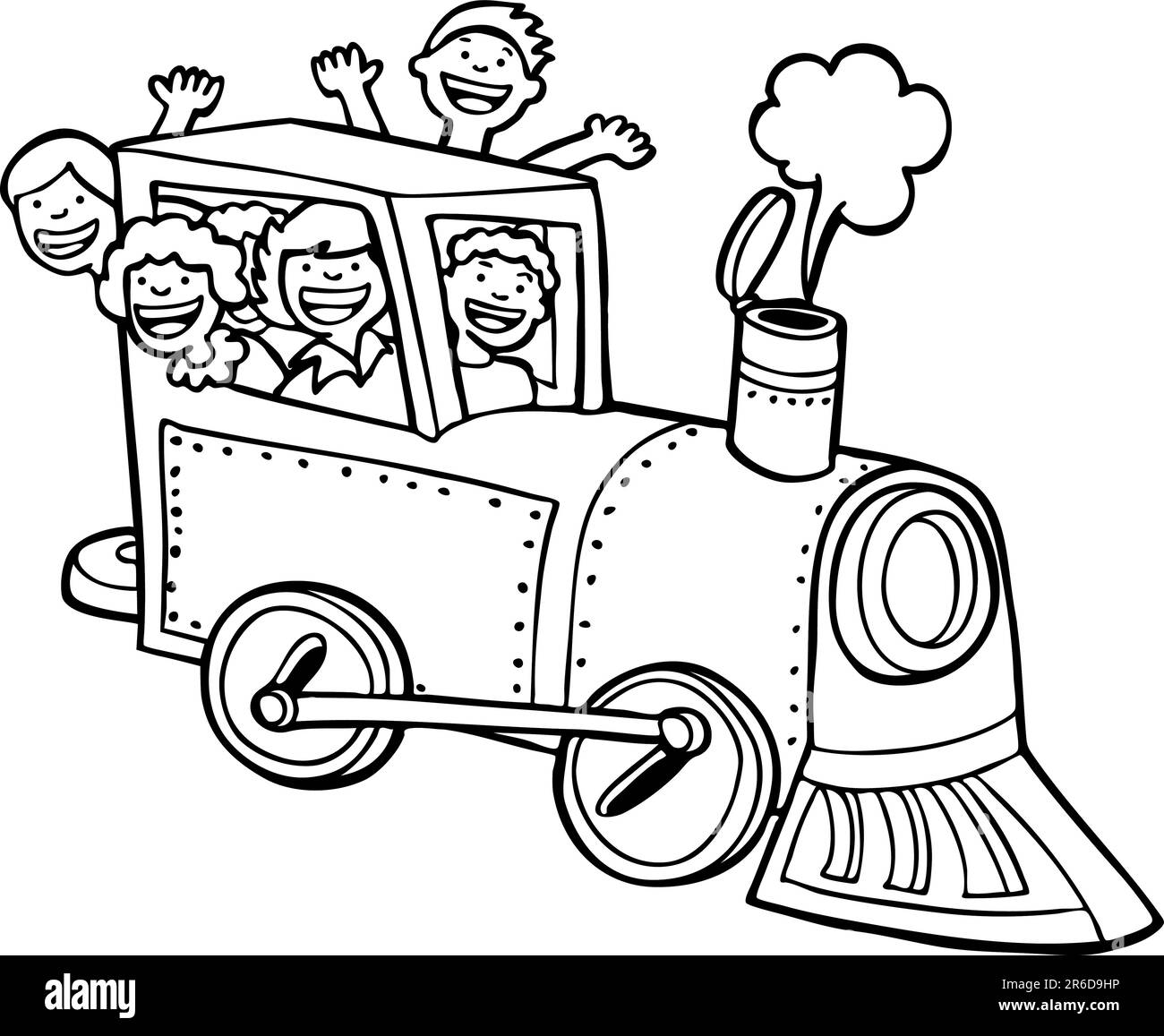 Un gruppo di bambini che si divertono in sella a un treno - bianco e nero / senza sfondo. Illustrazione Vettoriale