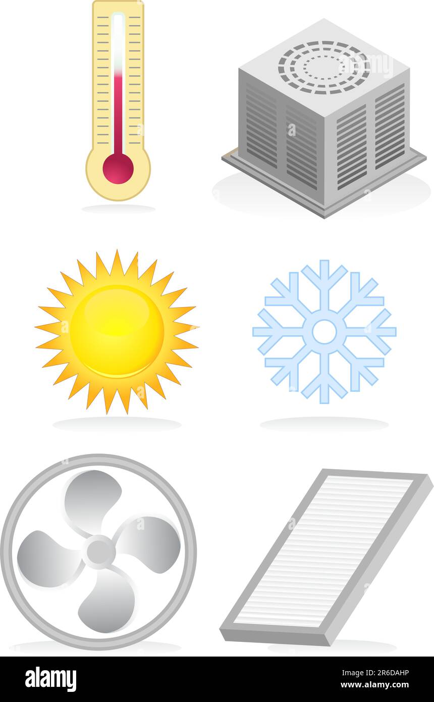 Set di sei icone a tema relative al climatizzatore. Illustrazione Vettoriale
