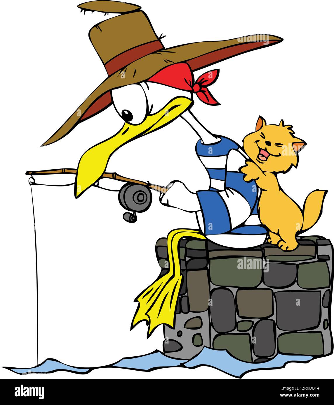 Cartoon Seagull e a Cat Gone Fishing. Illustrazione Vettoriale