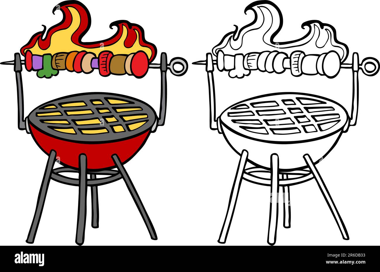 Cartoon immagine di una varietà di una griglia per il barbecue con la tostatura kabob - sia a colori sia in bianco e nero / bianco versioni. Illustrazione Vettoriale