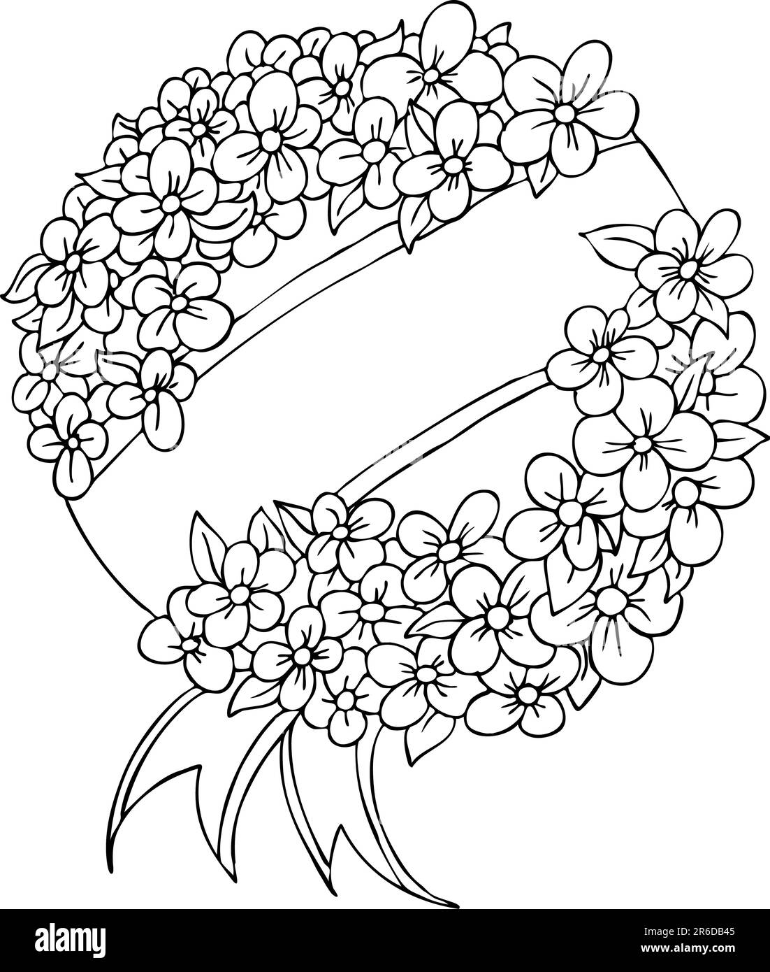 Corona funerale generica con fascia a nastro vuota che può essere copiata - versione in bianco e nero. Illustrazione Vettoriale