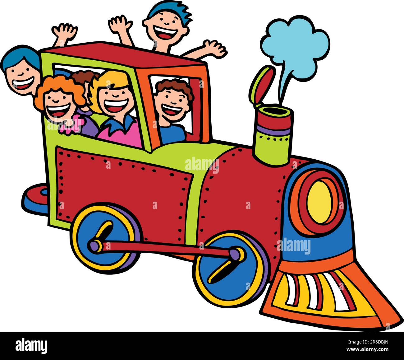 Un gruppo di bambini che si divertono in sella a un treno - senza sfondo. Illustrazione Vettoriale