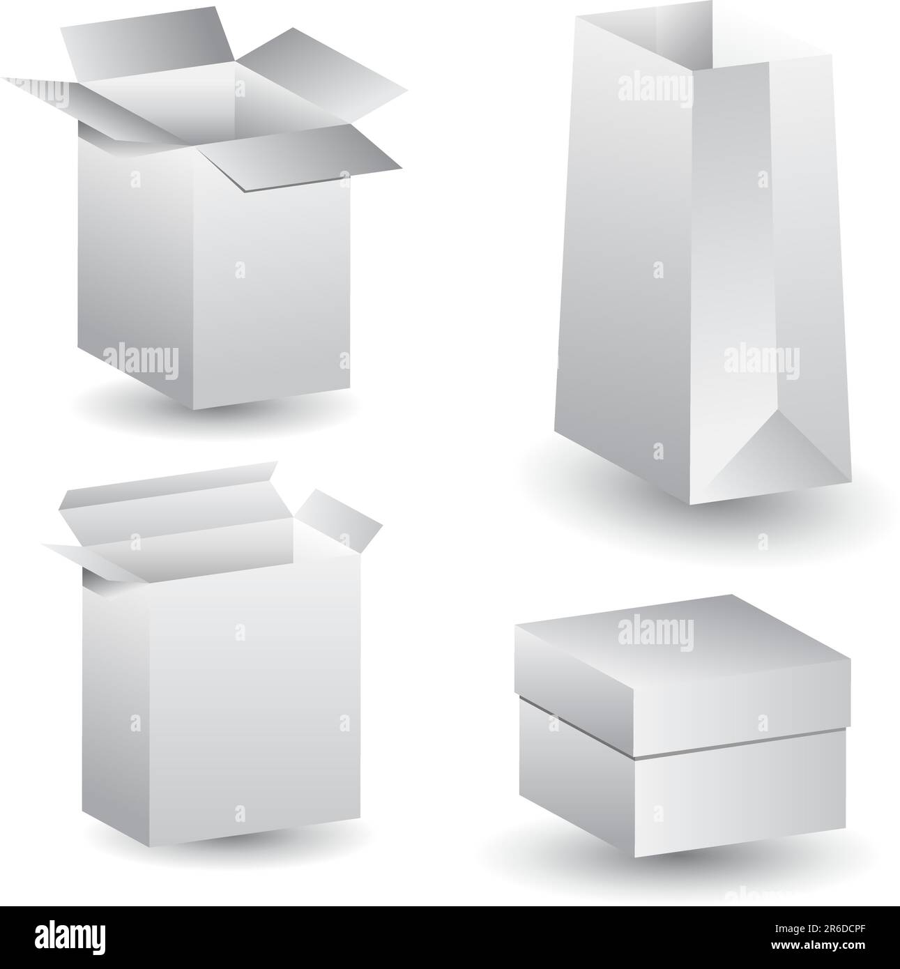 Un set di 4 3D box e sacchetto di carta. Illustrazione Vettoriale