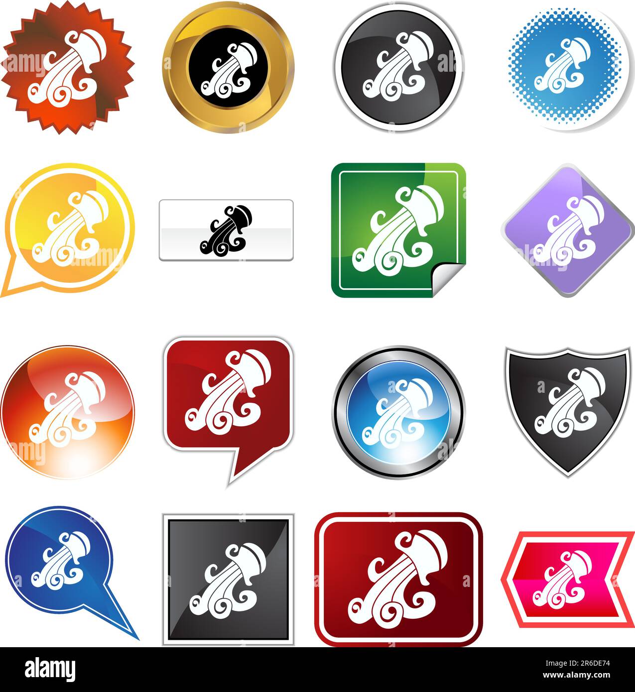 Una serie di 16 pulsanti icone in forme e colori diversi - simbolo zodiacale aquarius. Illustrazione Vettoriale