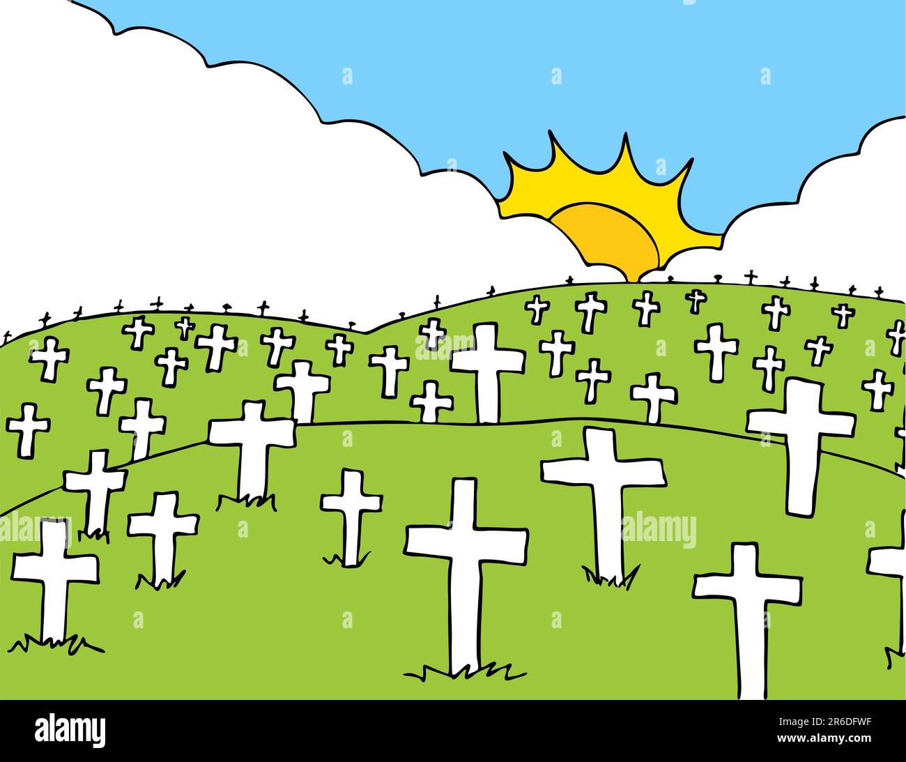 Immagine di pace di un cimitero con croci bianche. Illustrazione Vettoriale