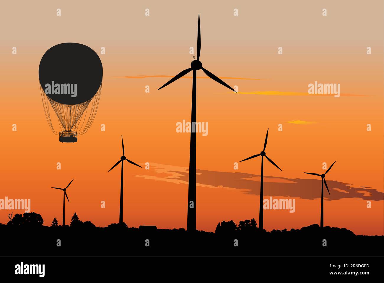 Silhouette di vettore di quattro windturbines e aria mongolfiere contro il cielo al tramonto Illustrazione Vettoriale