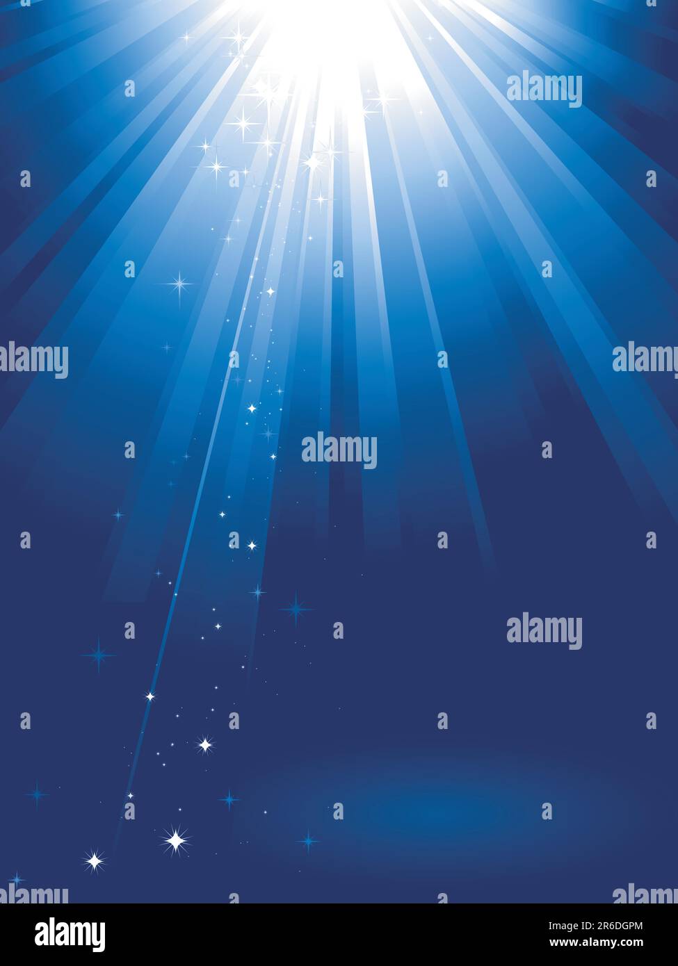 Luce blu esplosa con stelle scintillanti e spazio per il tuo messaggio. 1 gradiente lineare, 7 colori globali per una facile modifica dello schema di colore. Gruppo di disegni... Illustrazione Vettoriale