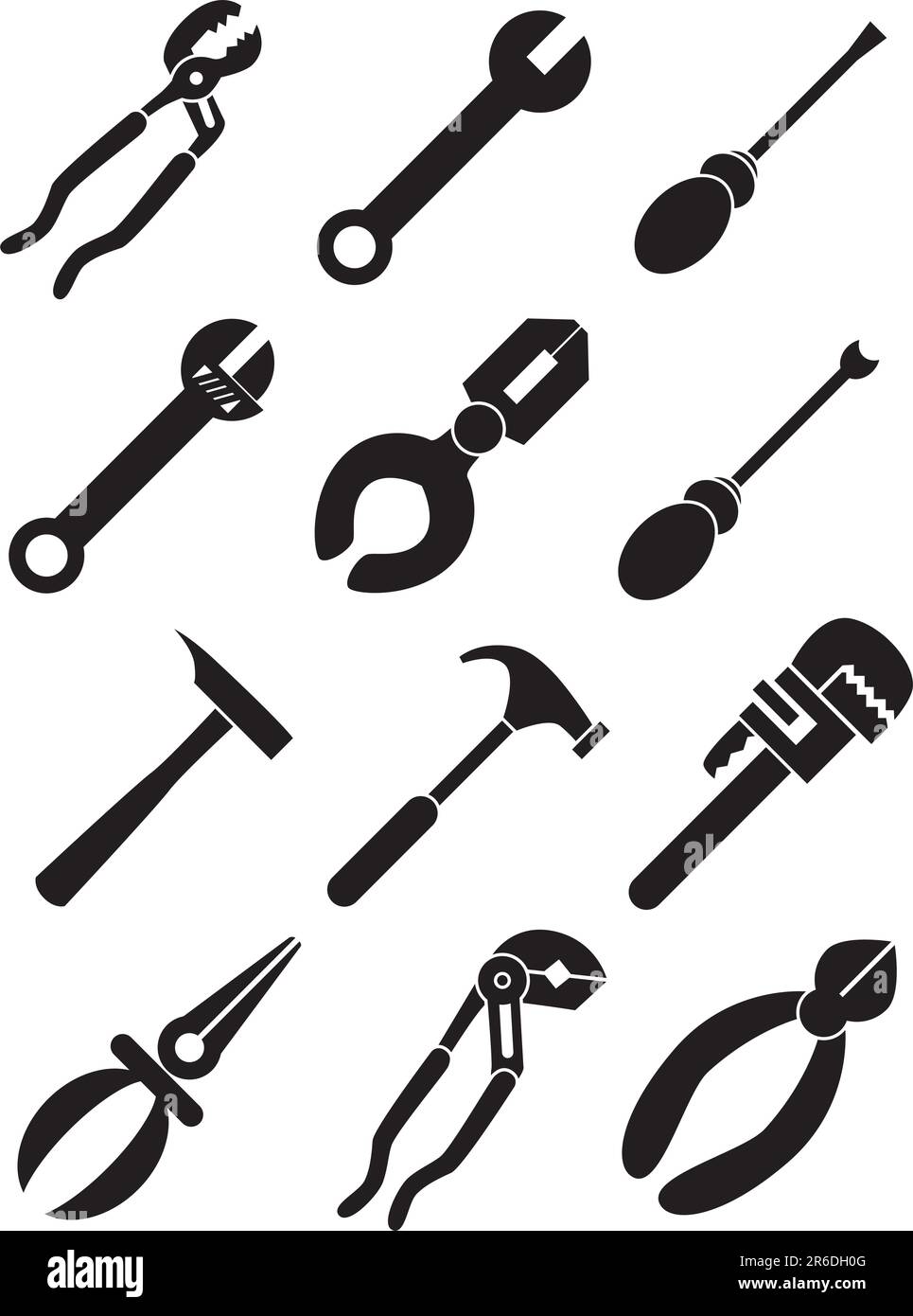 Set di utensili 12 icone - bianco e nero. Illustrazione Vettoriale