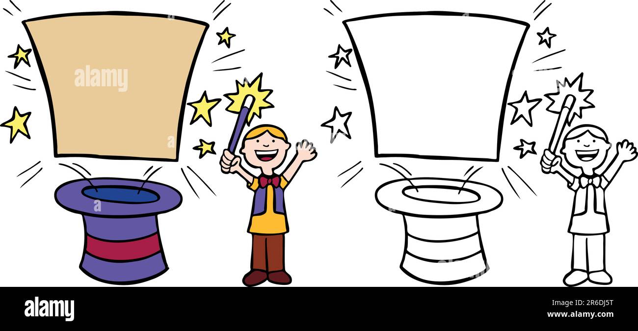 Cartoon immagine di un mago facendo un trucco di magia con intestazione vuota segno - sia a colori sia in bianco e nero / bianco versioni. Illustrazione Vettoriale