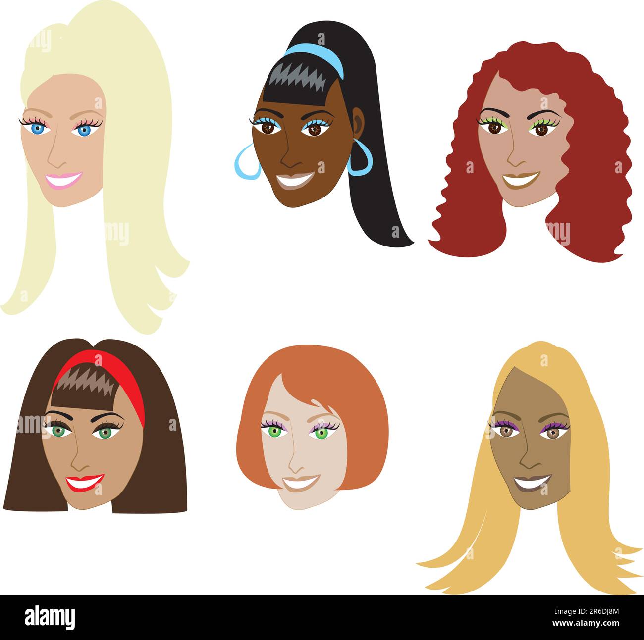 Vector Illustration Set di 6 tipi di estensioni dei capelli, ad esempio trame e parrucche su un set di donne diversificato. Disponibile anche in versione dritta o naturale... Illustrazione Vettoriale