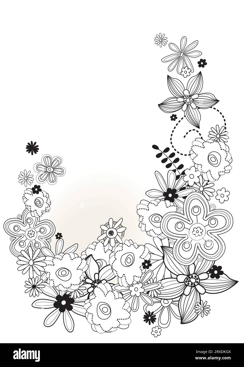 ricca cornice floreale vettoriale in bianco e nero Illustrazione Vettoriale