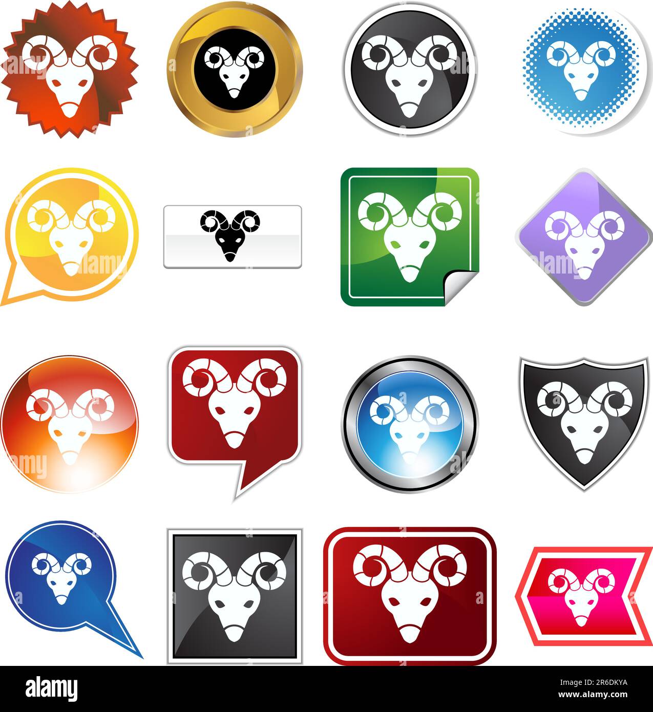 Un set di 16 pulsanti icone di forme e colori diversi - simbolo zodiaco Ariete. Illustrazione Vettoriale