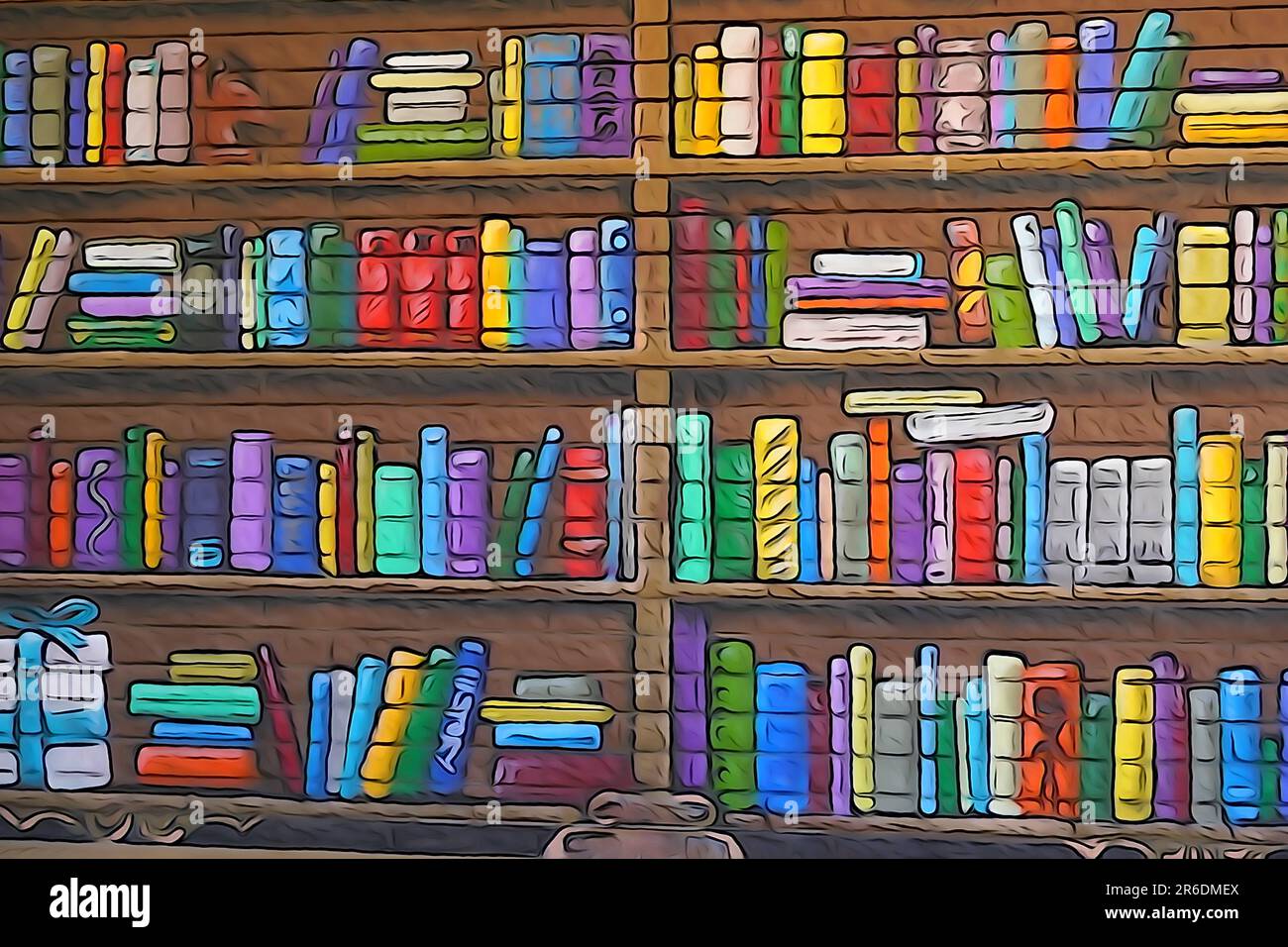 Illustrazione di un gran numero di libri colorati su uno scaffale Foto Stock