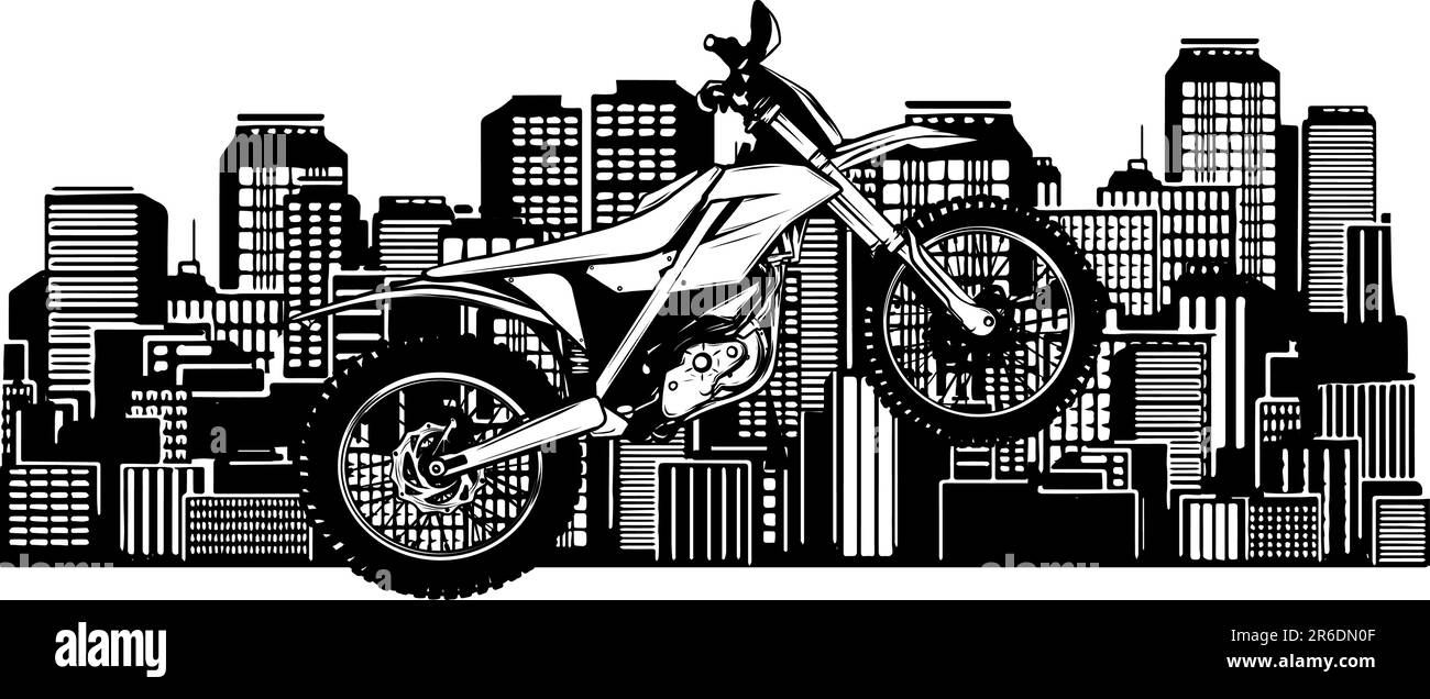 illustrazione vettoriale monocromatica in moto su una città sullo sfondo Illustrazione Vettoriale