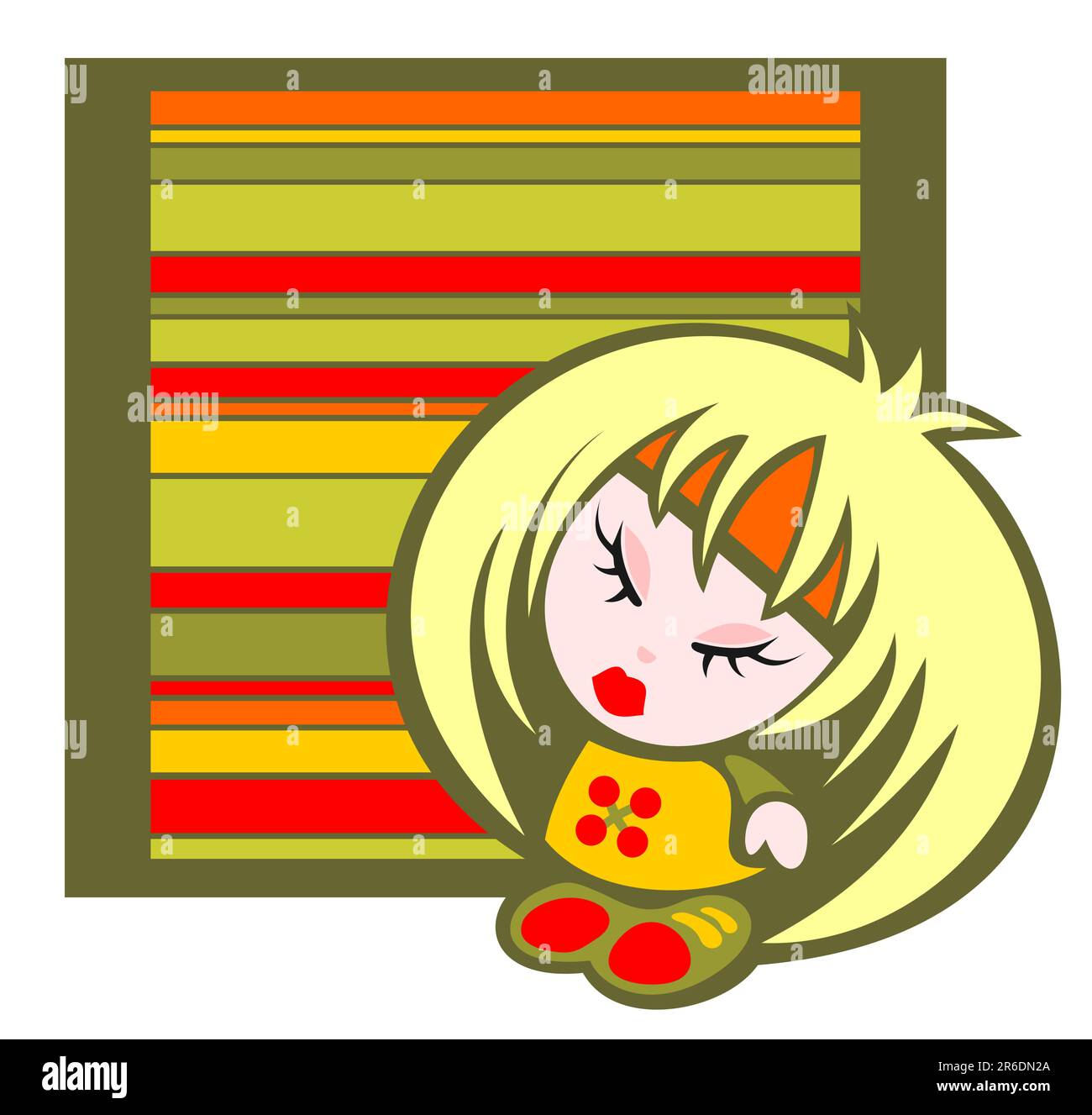 Emo girl dei cartoni animati e cornice a righe su sfondo bianco. Illustrazione Vettoriale