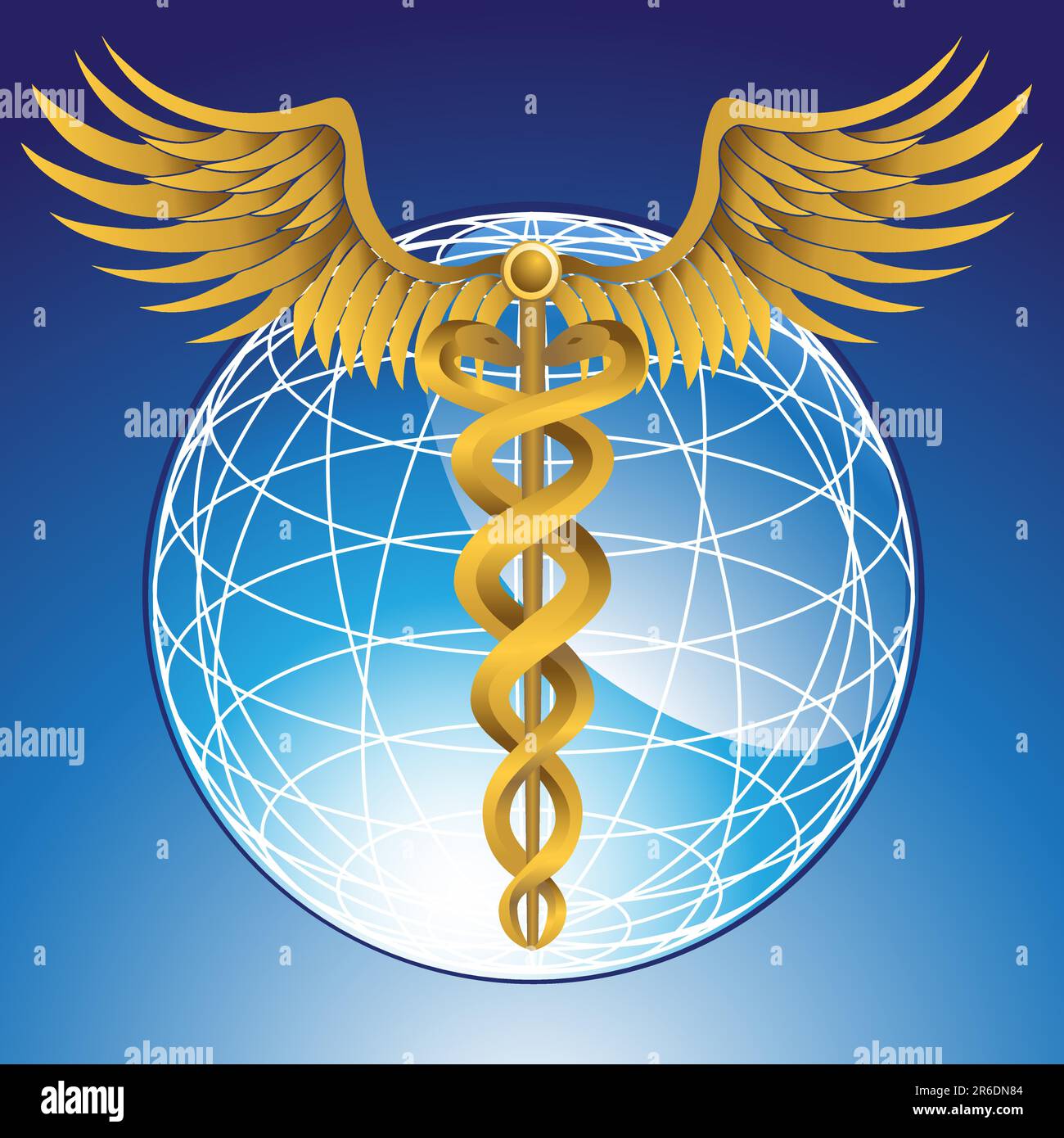 3d lucido globo wireframe con un oro metallico simbolo caduceo. Illustrazione Vettoriale