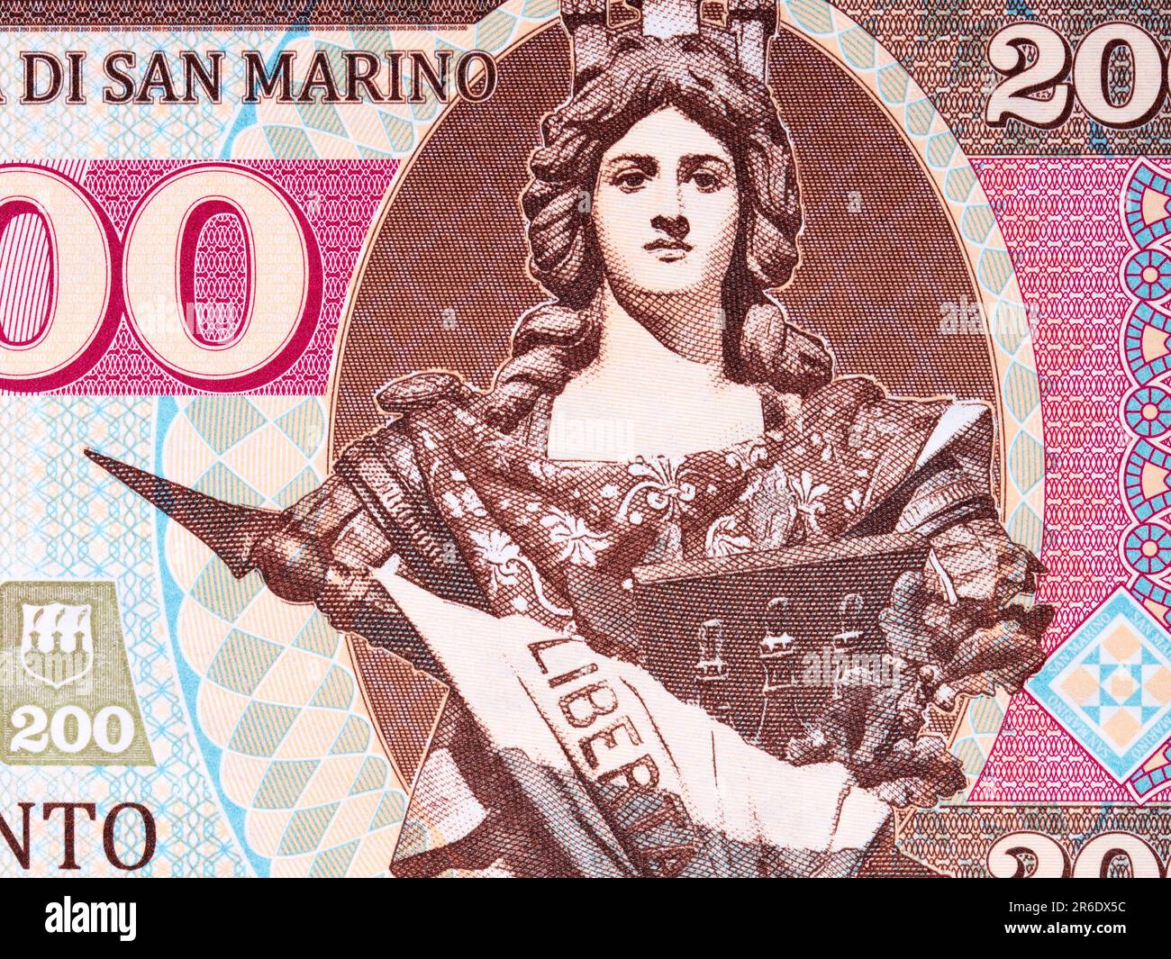 La statua delle tre torri, simbolo di San Marino dal denaro - Lire Foto Stock
