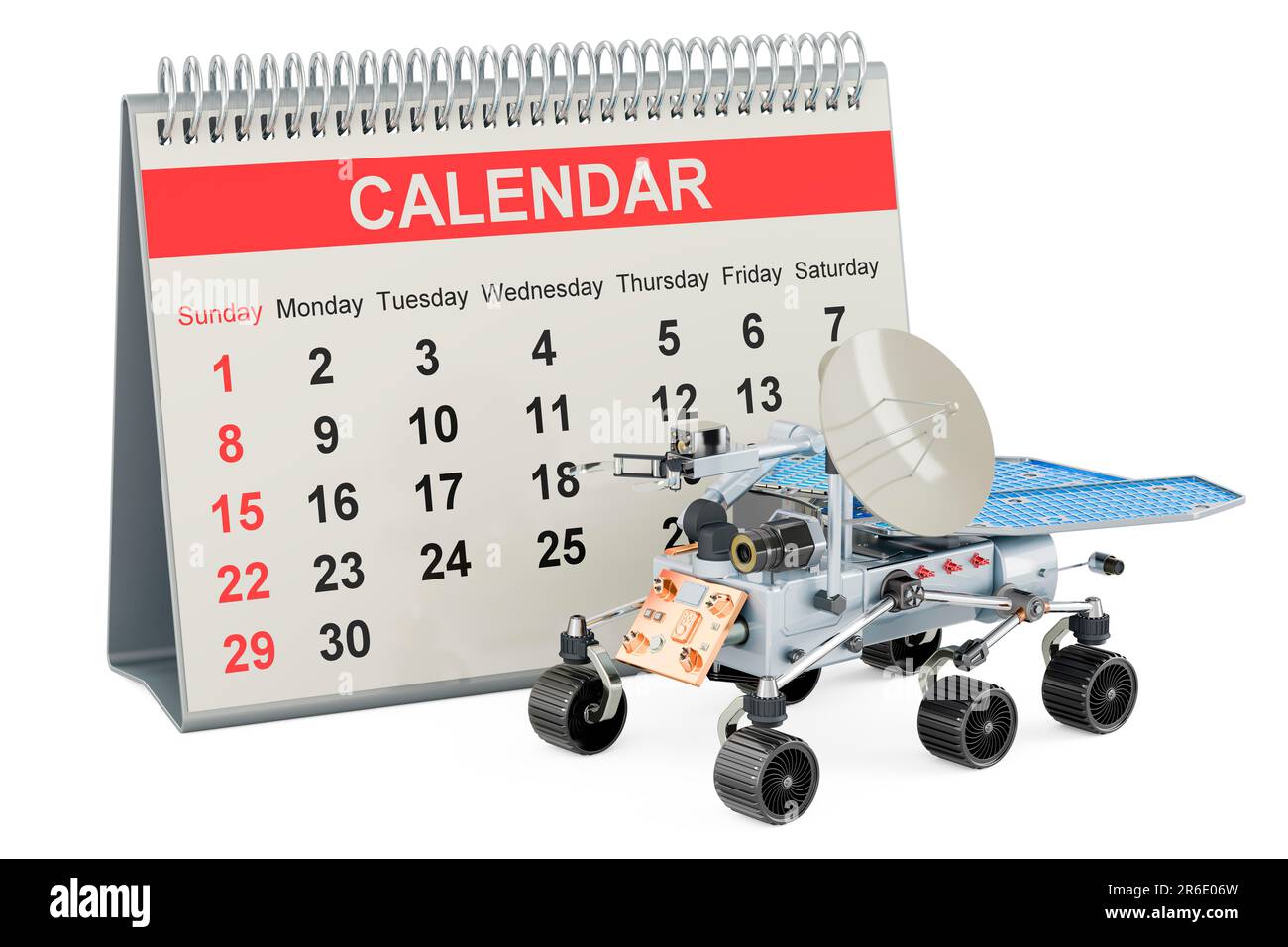 planetary rover con calendario da tavolo, rendering 3D isolato su sfondo bianco Foto Stock