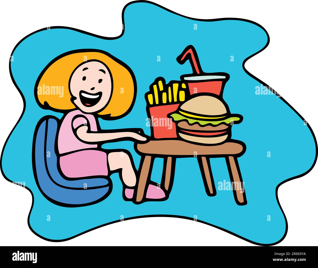 La ragazza ama il suo hamburger preferito, le patatine fritte e le bevande analcoliche. Illustrazione Vettoriale